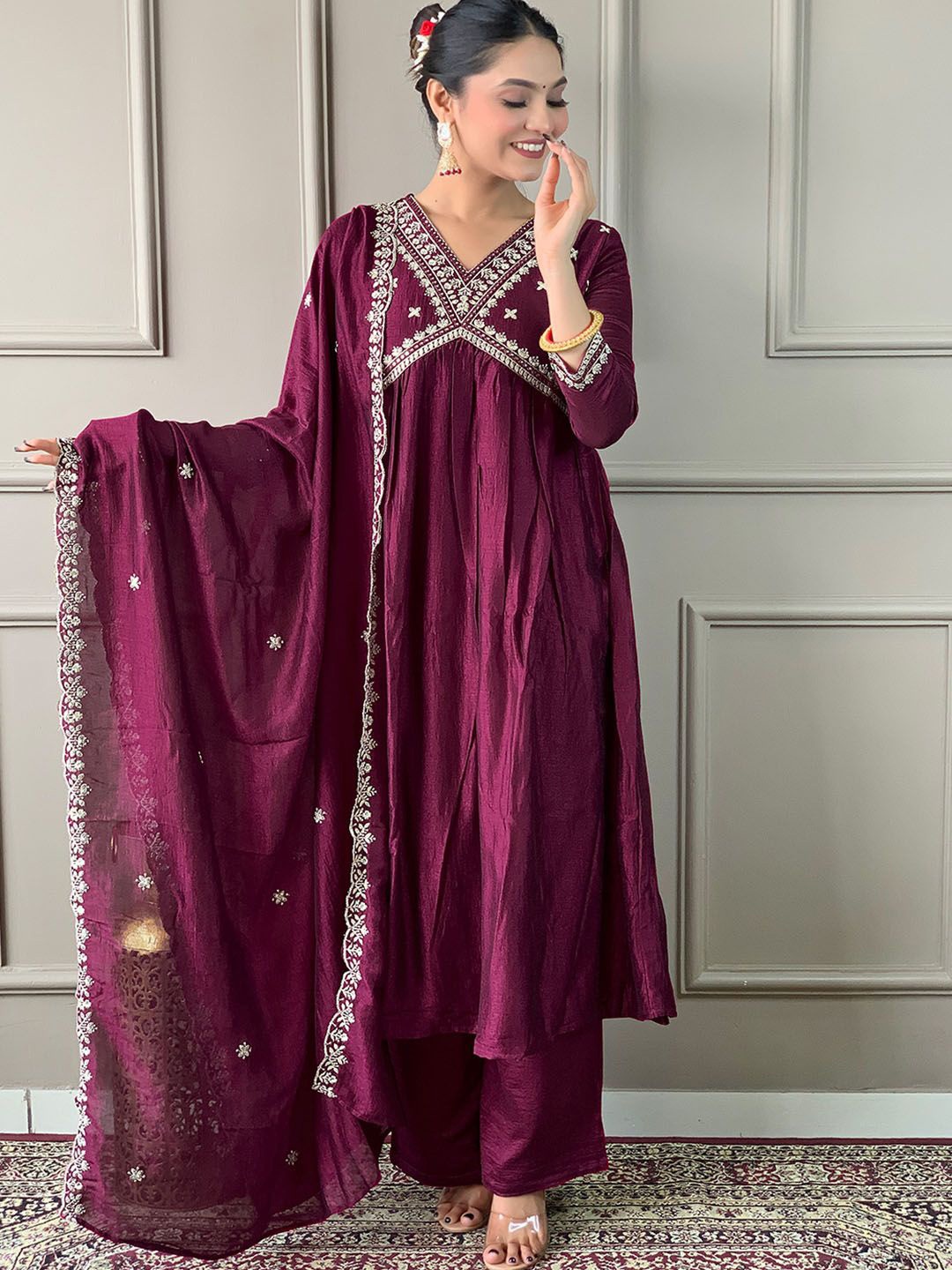 

KALINI Floral Embroidered V-Neck Empire Style Kurta With Trouser And Dupatta, Burgundy