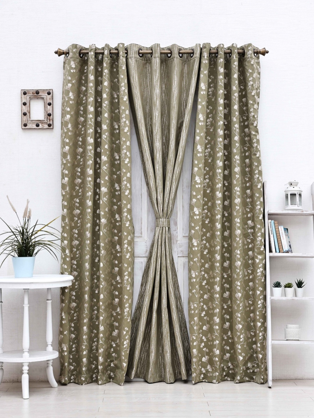 

Ariana Olive Green & White 3 Pieces Floral Printed Room Darkening Door Curtains
