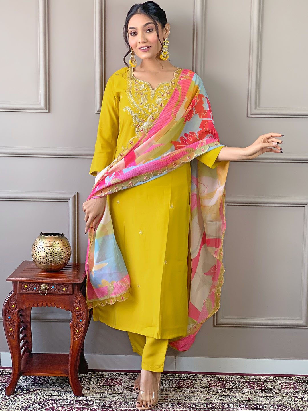 

KALINI Paisley Embroidered Sweetheart Neck Kurta With Trouser And Dupatta, Yellow