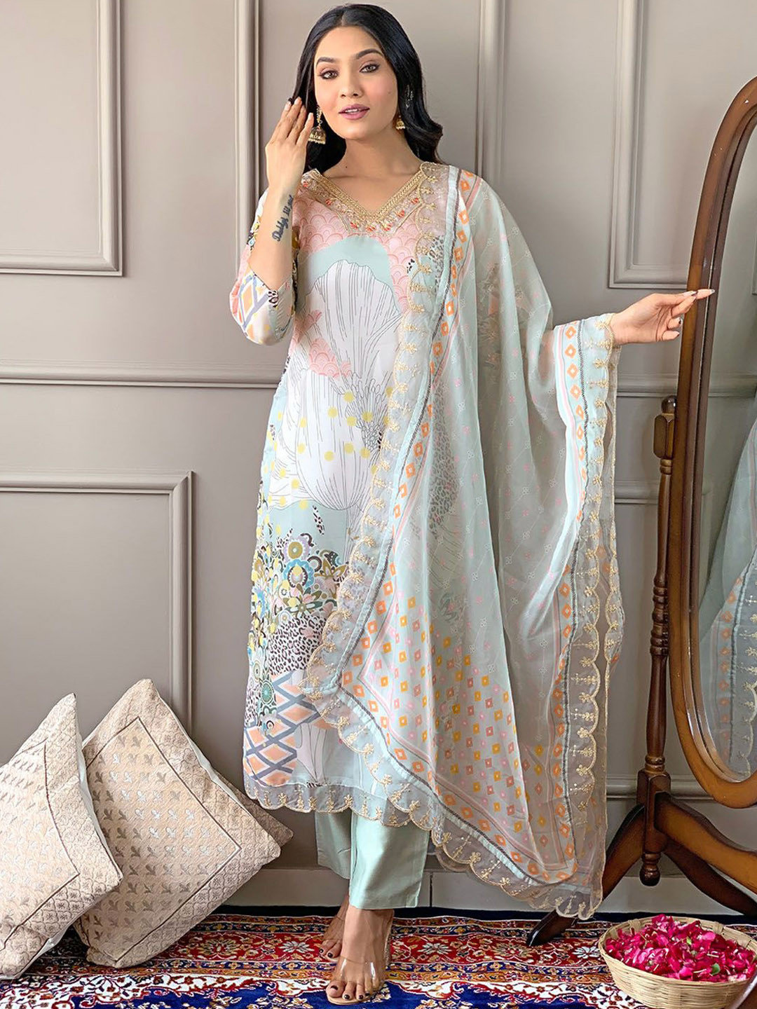 

KALINI Ethnic Motifs Printed Thread Work V-Neck Organza Kurta With Trousers & Dupatta, Blue