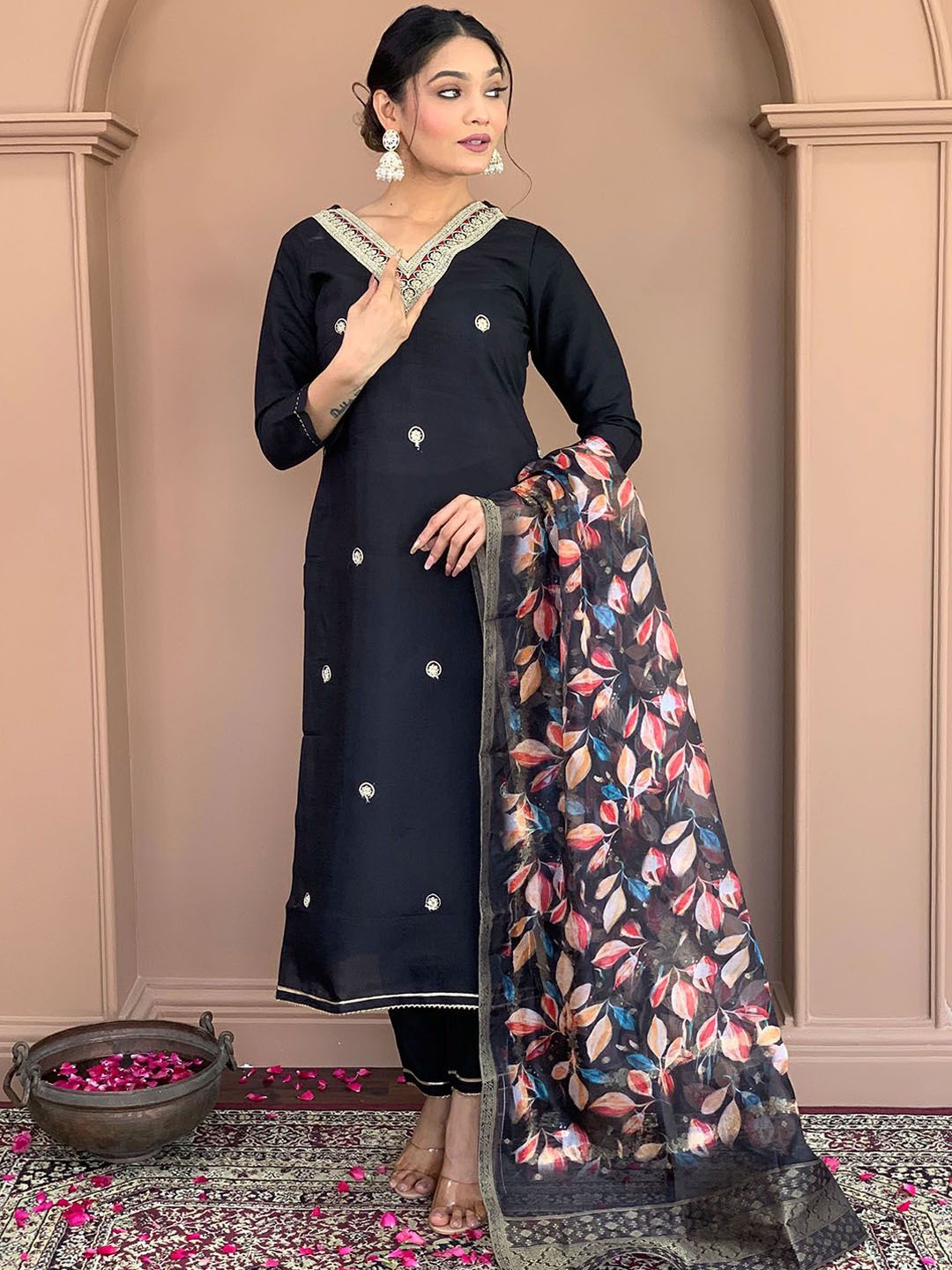 

KALINI Floral Embroidered Yoke Design V-Neck Kurta With Trouser And Dupatta, Black