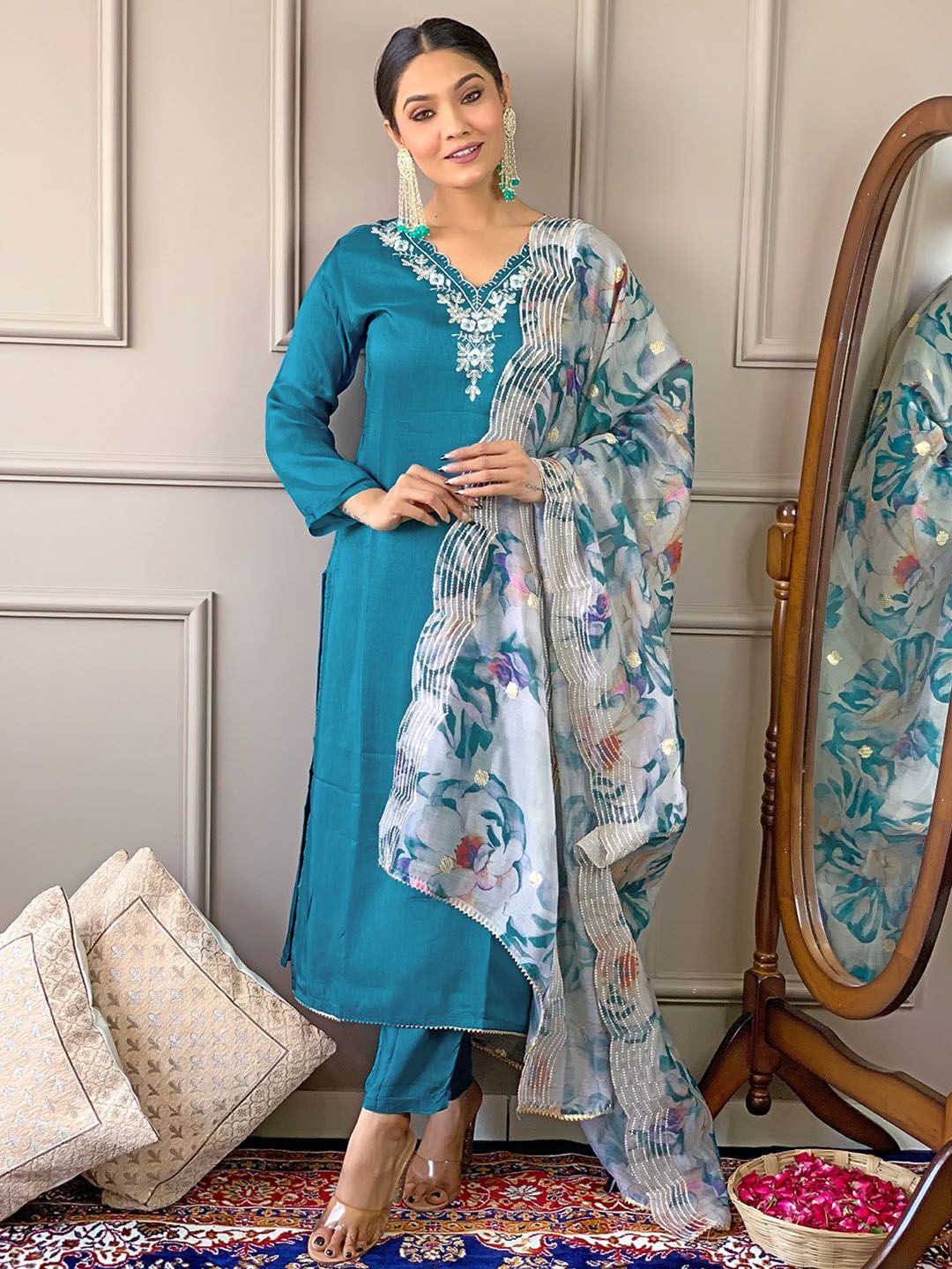 

KALINI Floral Thread Work V-Neck Straight Kurta With Trousers And Dupatta, Teal