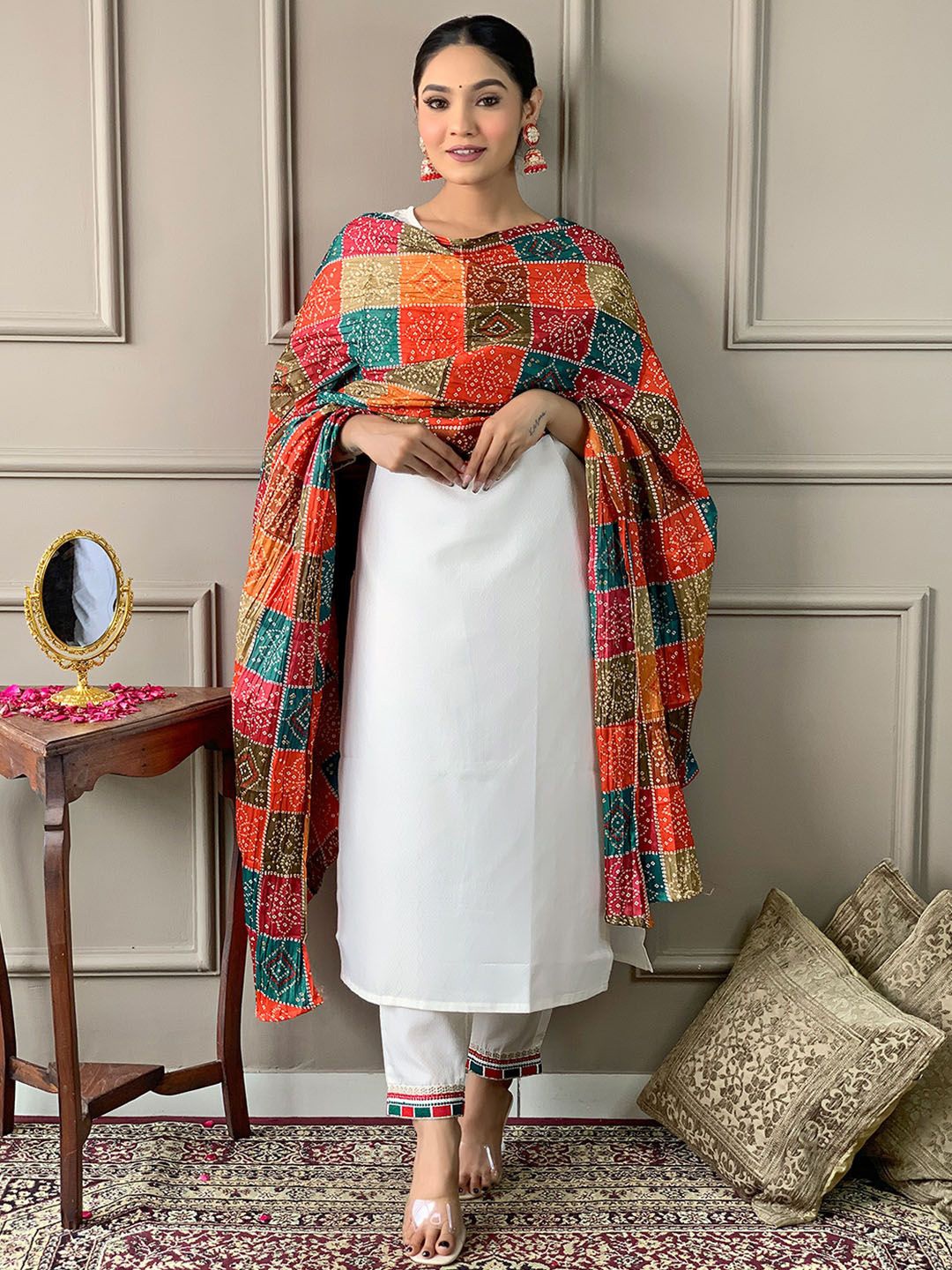 

KALINI Floral Embroidered Yoke Design Round Neck Straight Kurta With Trouser And Dupatta, White