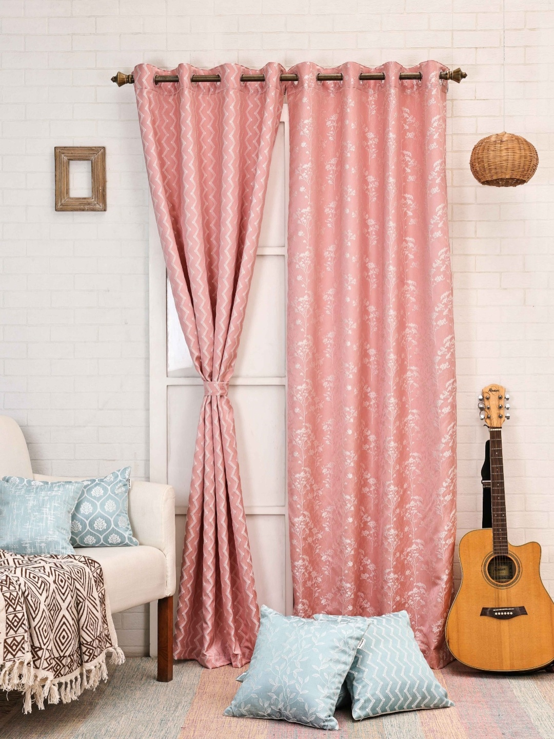 

Ariana Rhythm+Celestial Coral & White 2 Pieces Embroidered Room Darkening Window Curtains