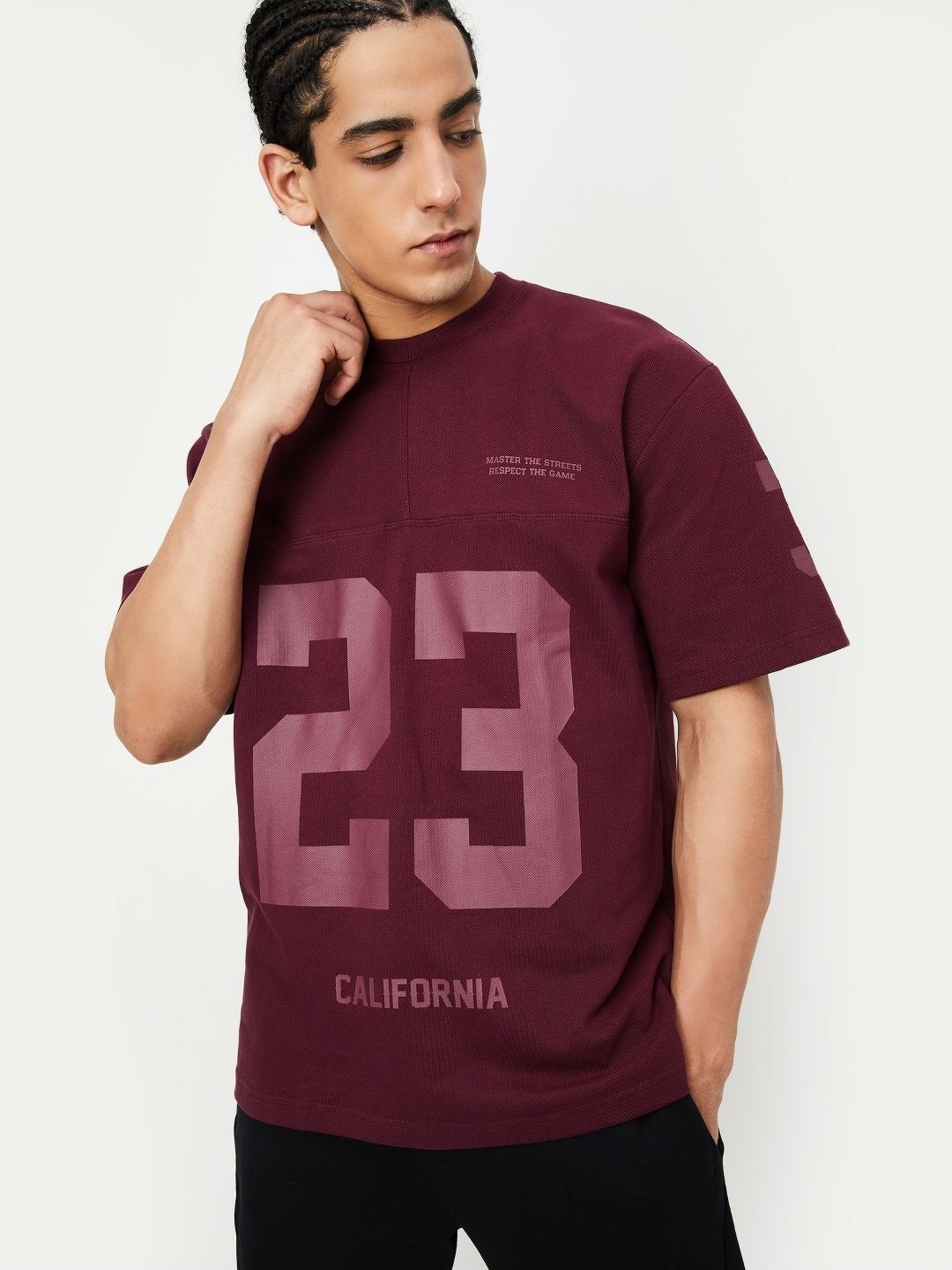 

max Men Varsity Printed Round Neck Cotton Relaxed Fit T-shirt, Maroon