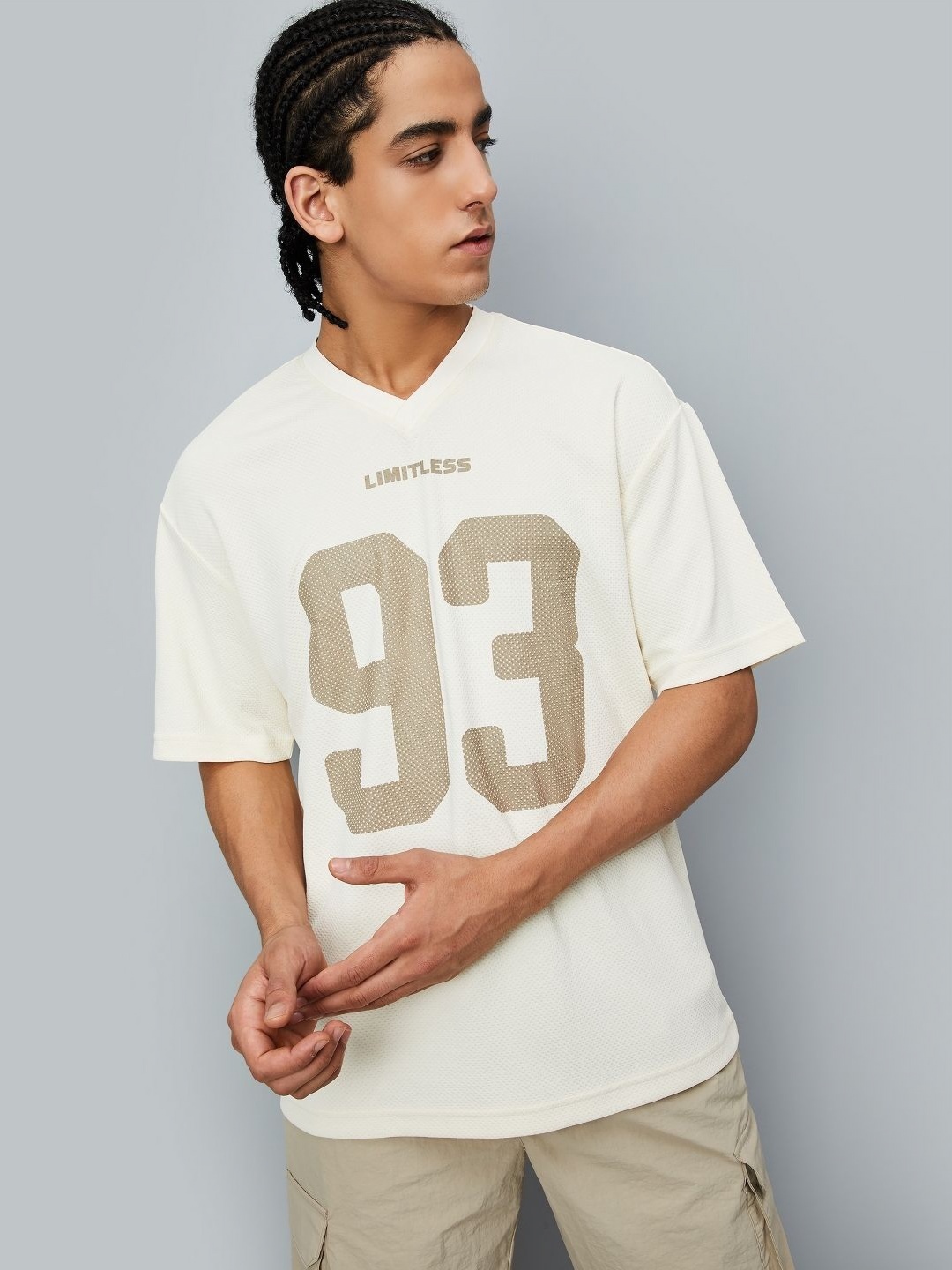 

max Men Varsity Printed V-Neck Relaxed Fit T-shirt, Beige