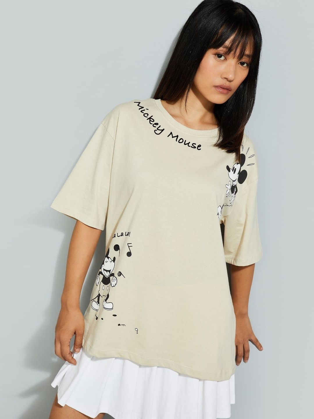 

max Women Mickey Mouse Graphic Printed Round Neck Cotton Relaxed Fit T-shirt, Beige