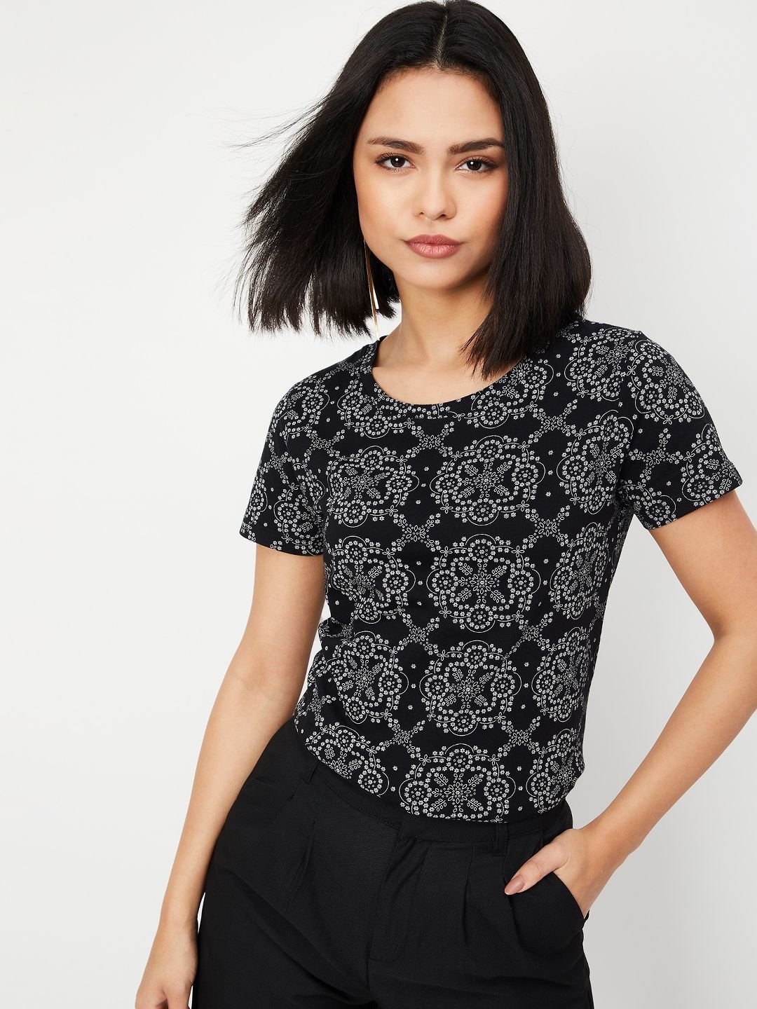 max Women Floral Printed Round Neck Cotton T-shirt, Black