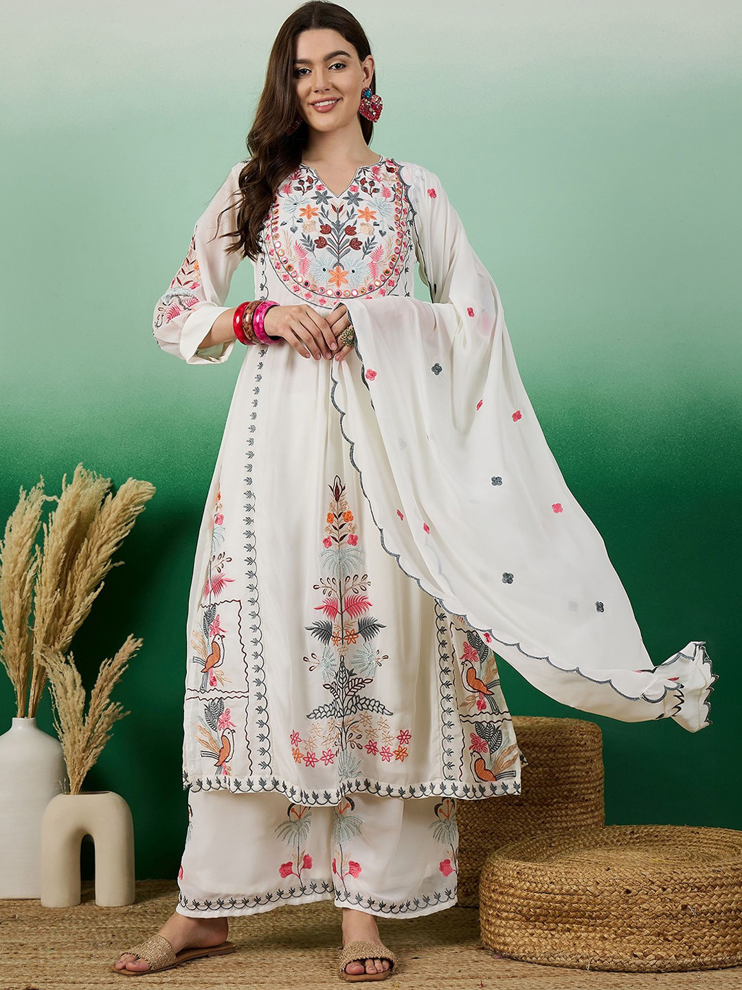 

SERONA FABRICS Floral Embroidered Mirror Work Georgette Kurta With Palazzo & Dupatta, White