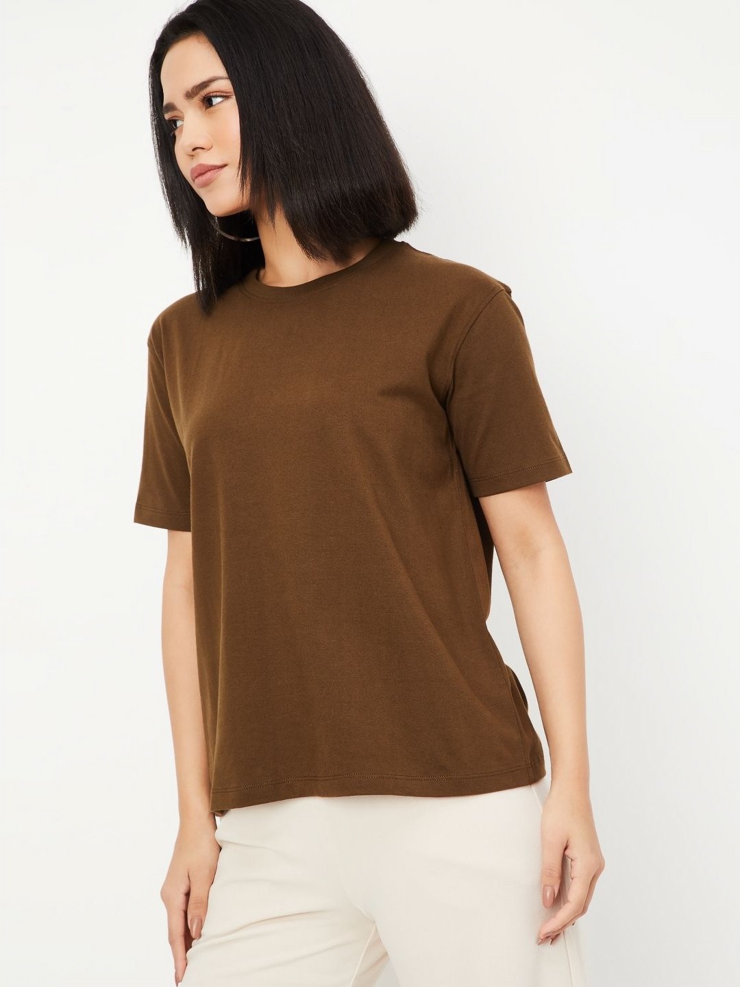 

max Women Solid Round Neck Cotton T-shirt, Brown