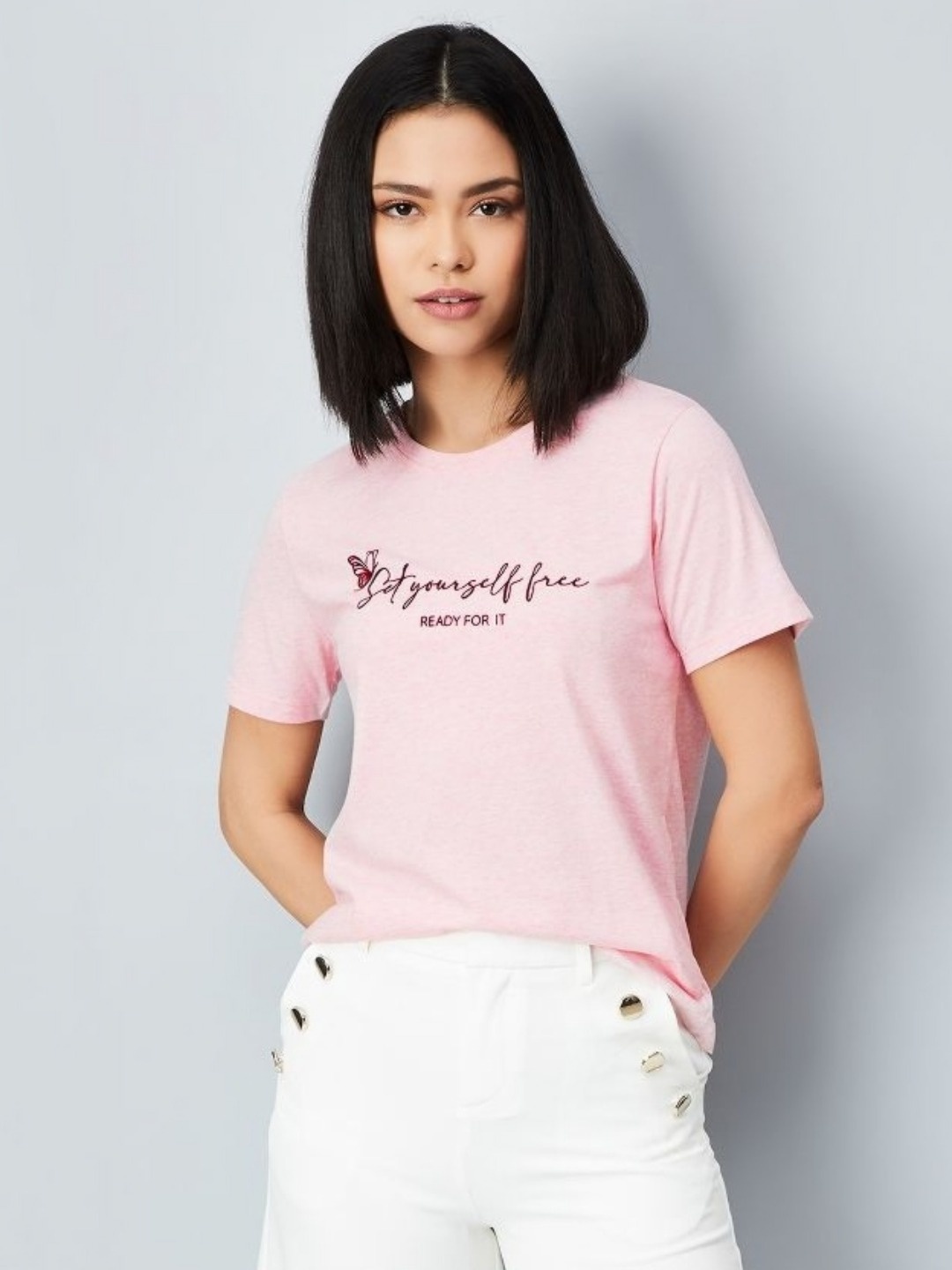 max Women Typography Printed Round Neck Cotton T-shirt, Pink
