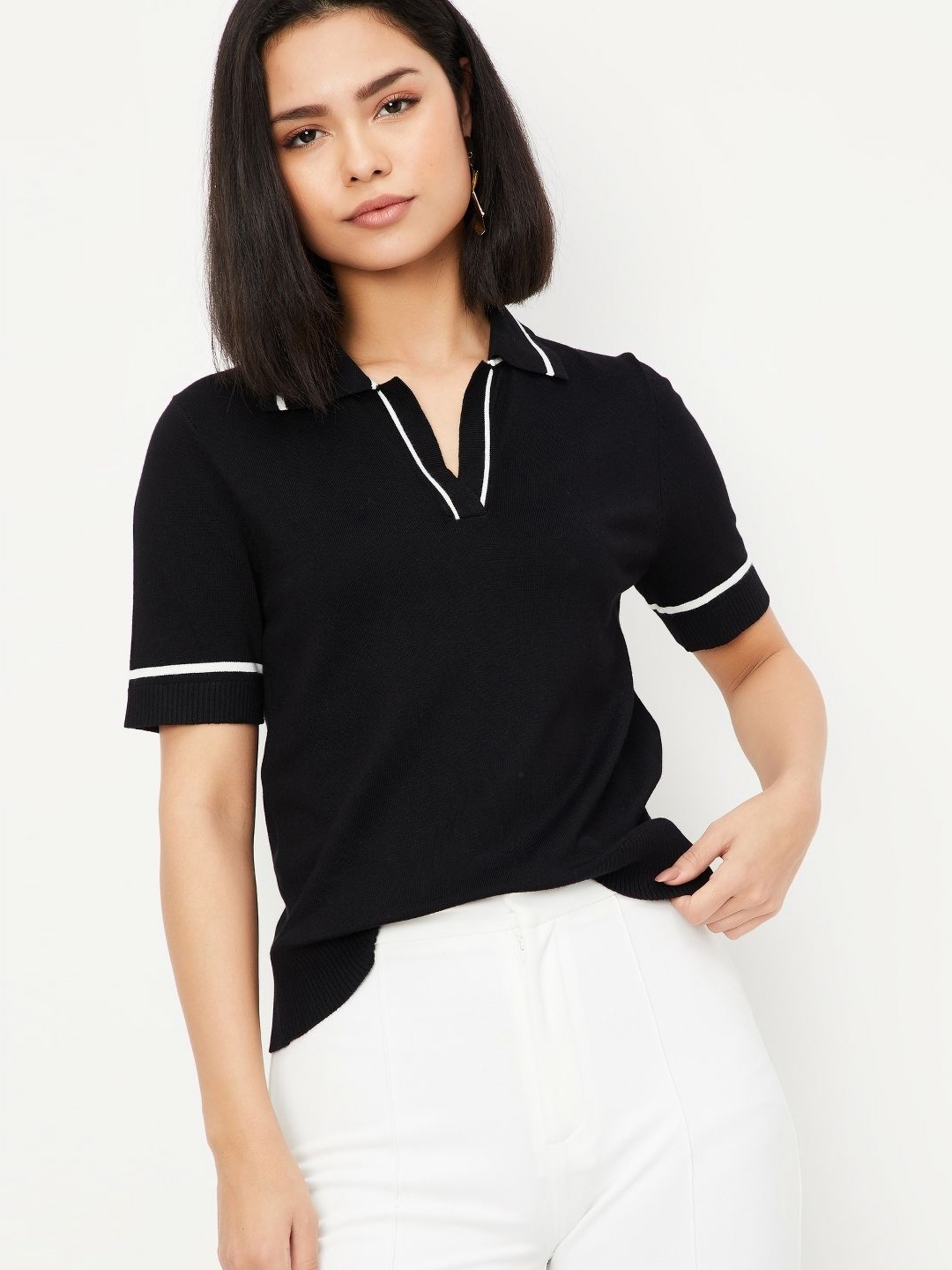 

max Women Solid Polo Collar T-shirt, Black