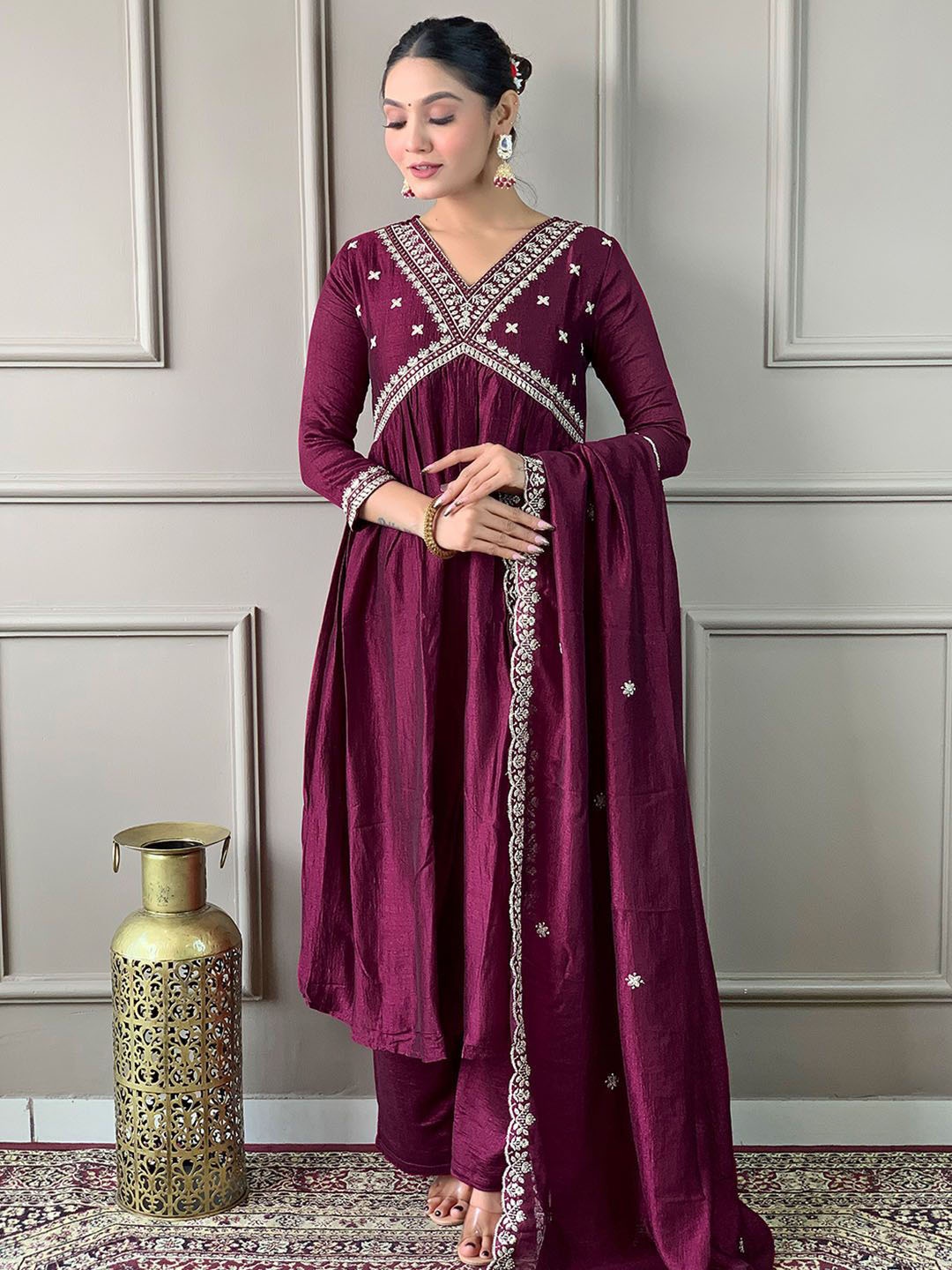 

BLACK SCISSOR Floral Embroidered Pleated Thread Work A-Line Kurta With Trousers & Dupatta, Burgundy