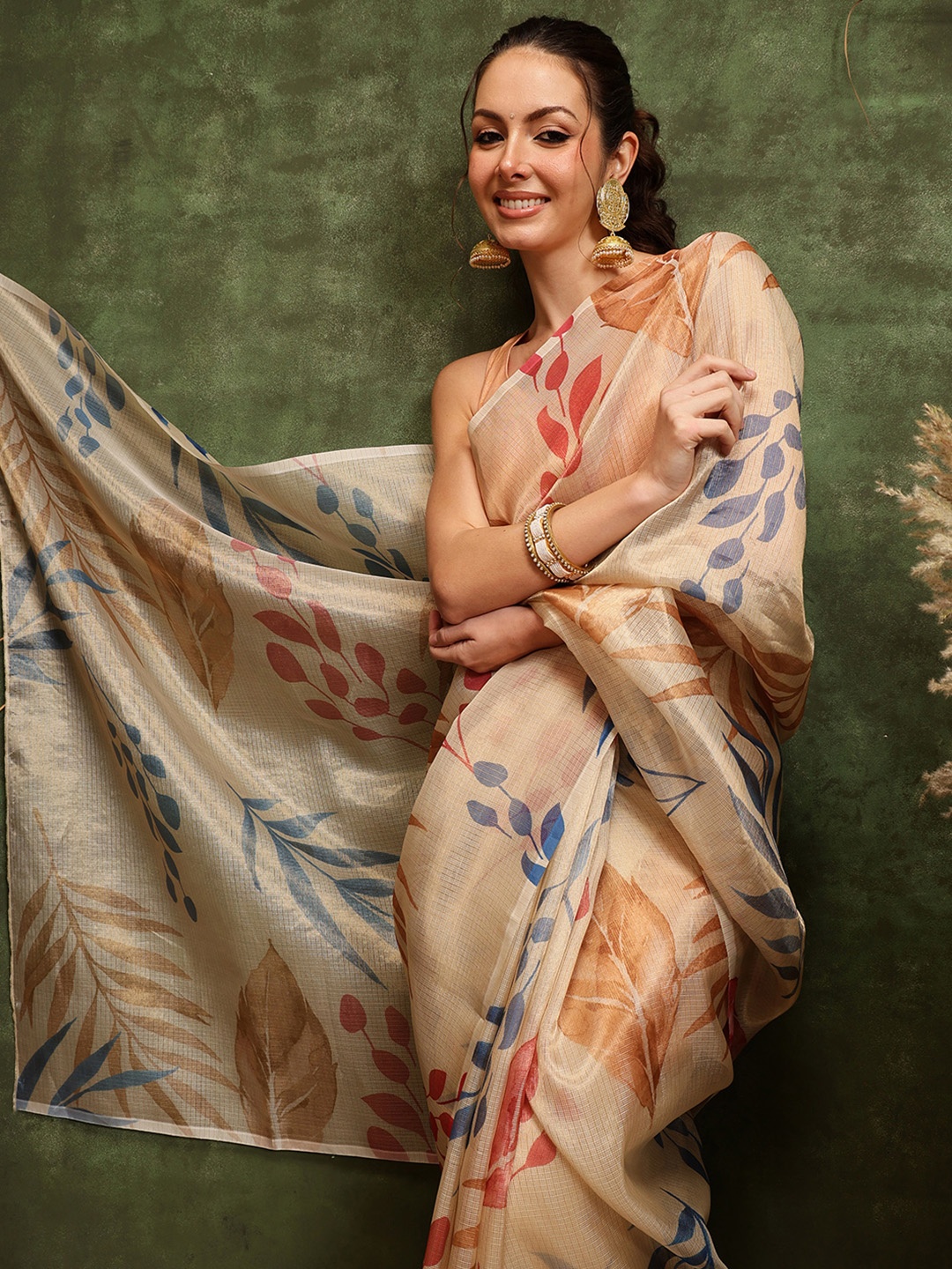 

Silk Land Digital Print Floral Tissue Muga Silk Saree, Off white