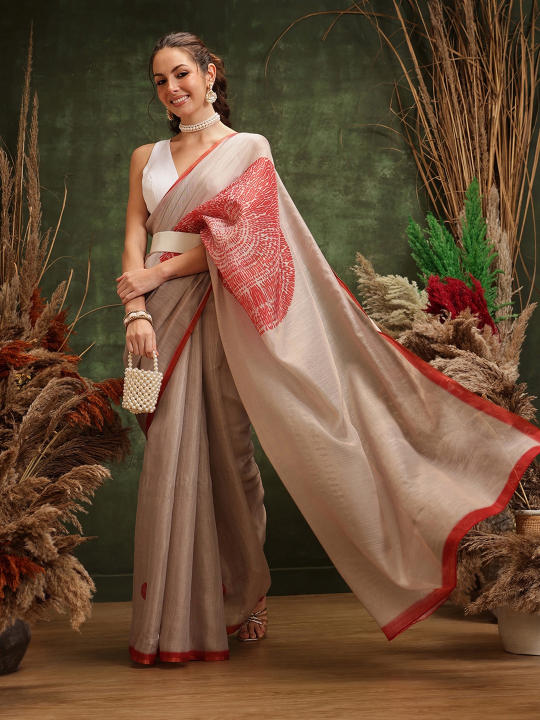 

Silk Land Printed Tissue Muga Saree, Cream