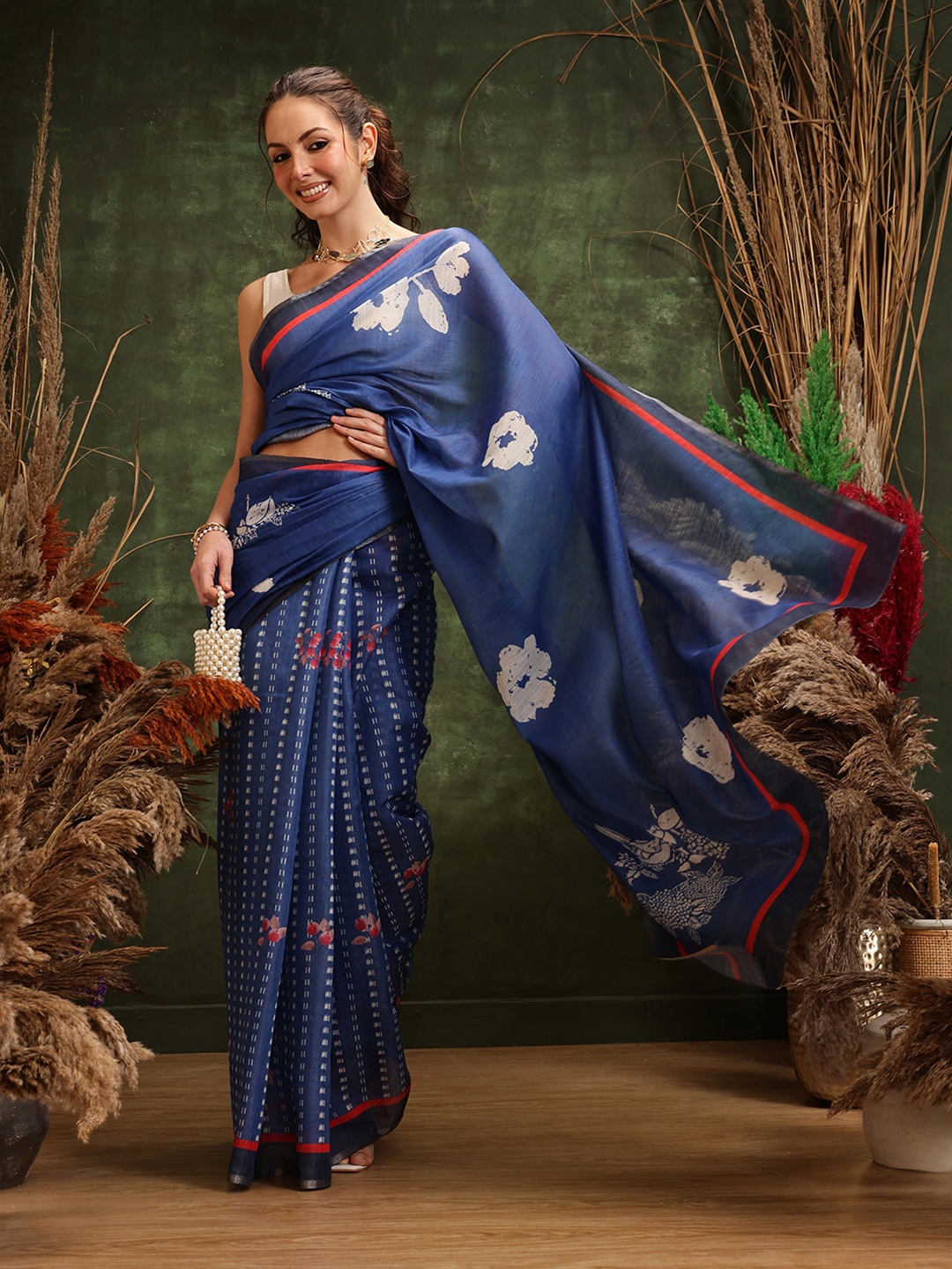 

Silk Land Digital Print Floral Tissue Muga Silk Saree, Navy blue