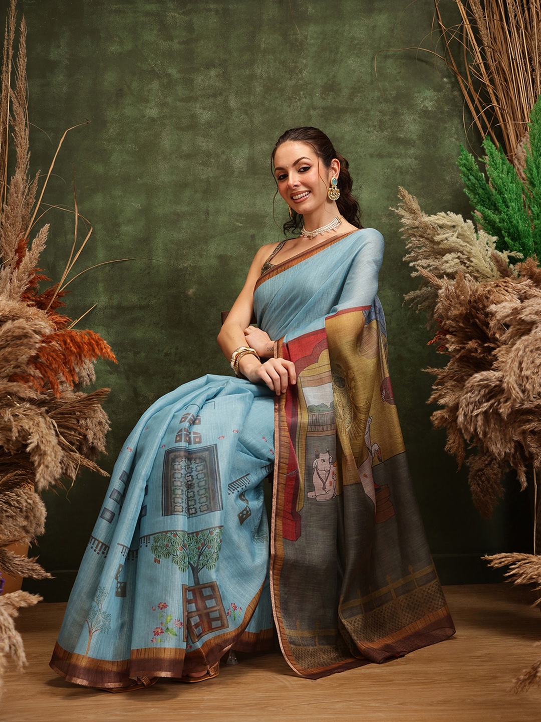 

Silk Land Kalamkari Zardozi Chanderi Saree, Teal