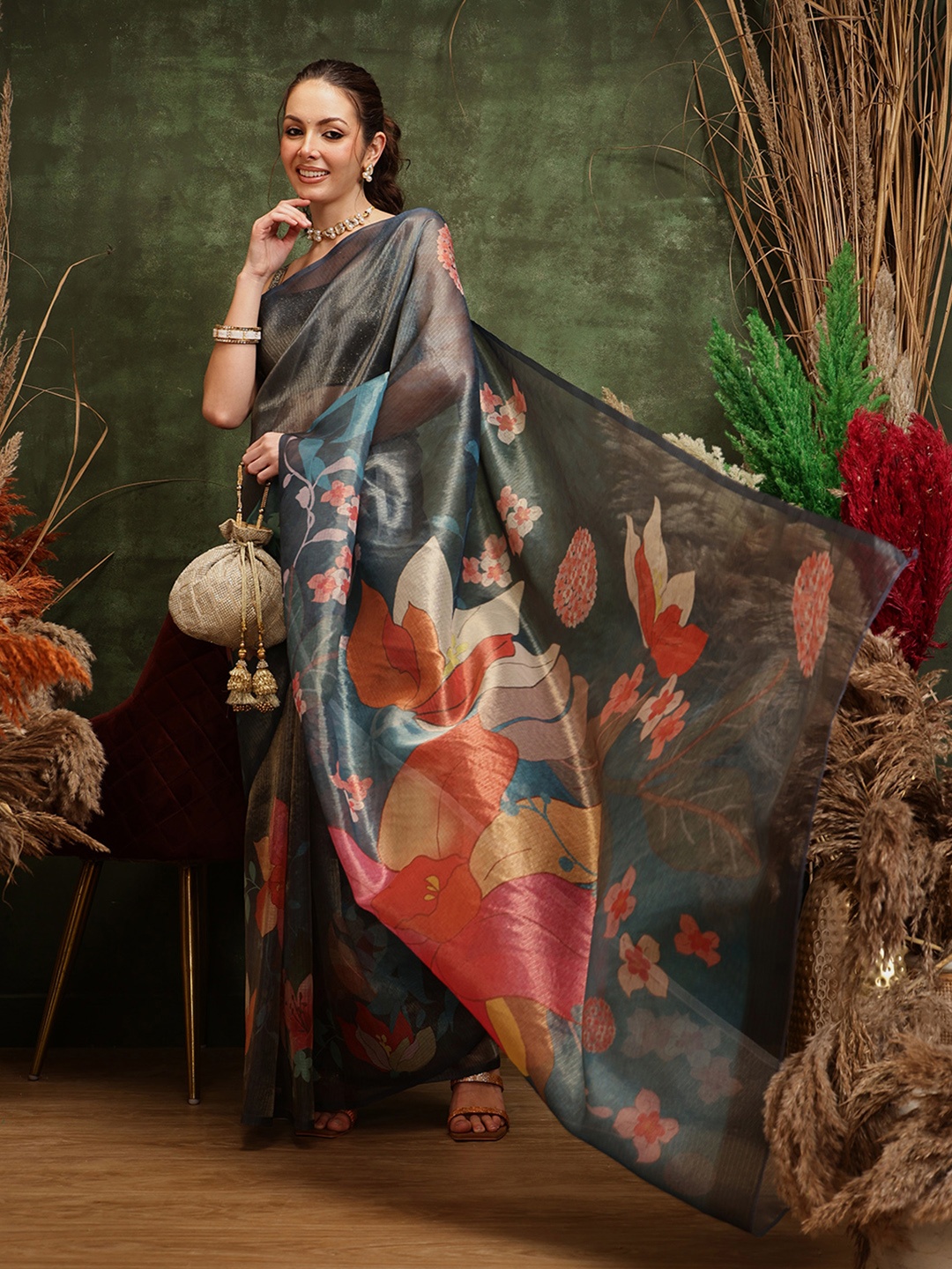 

Silk Land Women Printed Munga Zari Tissue Silk Saree, Teal