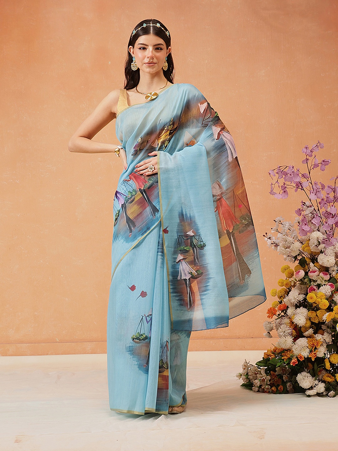 

Silk Land Fusion Chanderi Cotton Digital Print Saree, Blue