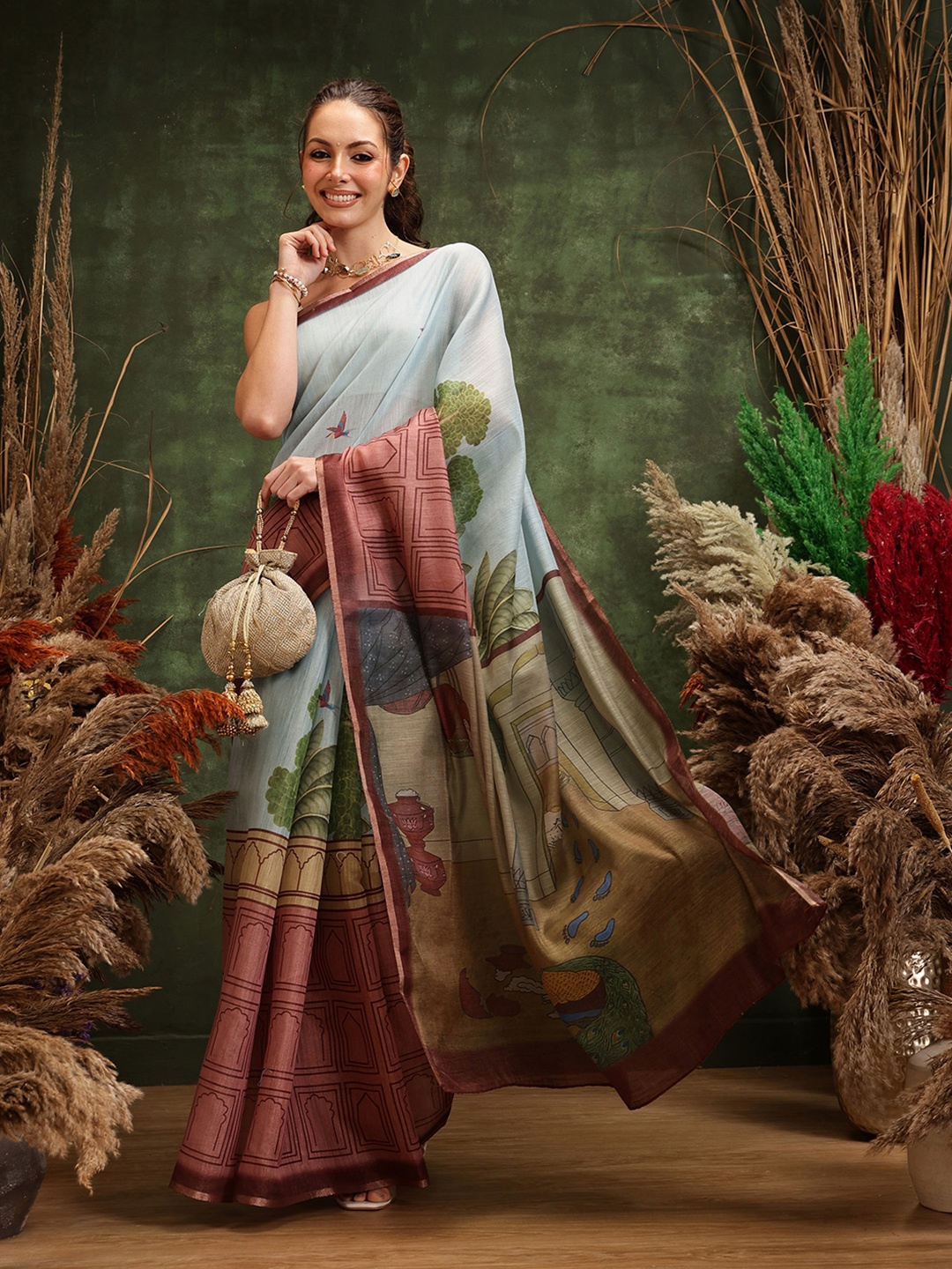 

Silk Land Abstract Chanderi Cotton Digital Print Saree, Blue