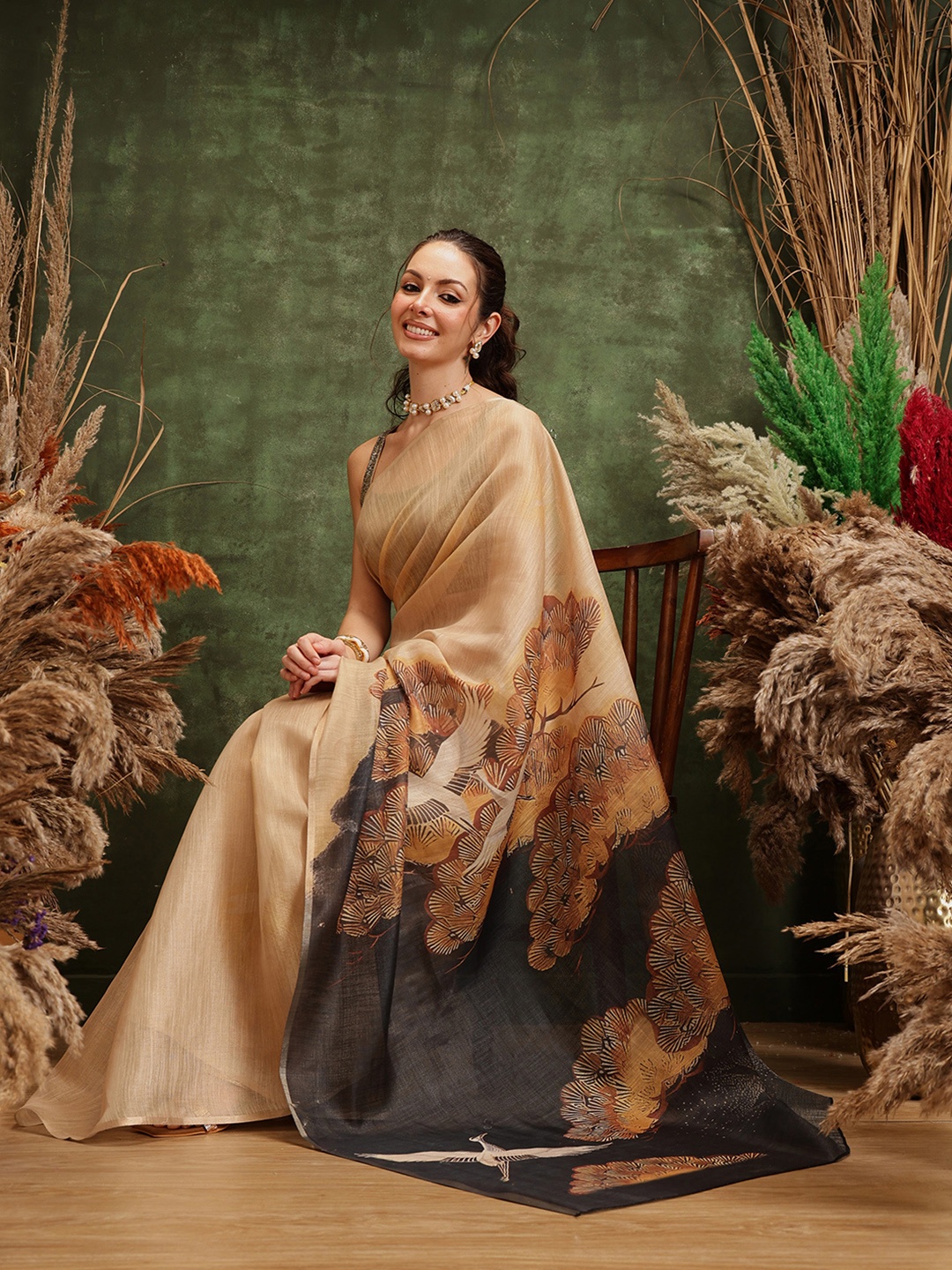 

Silk Land Digital Print Floral Tissue Muga Silk Saree, Beige