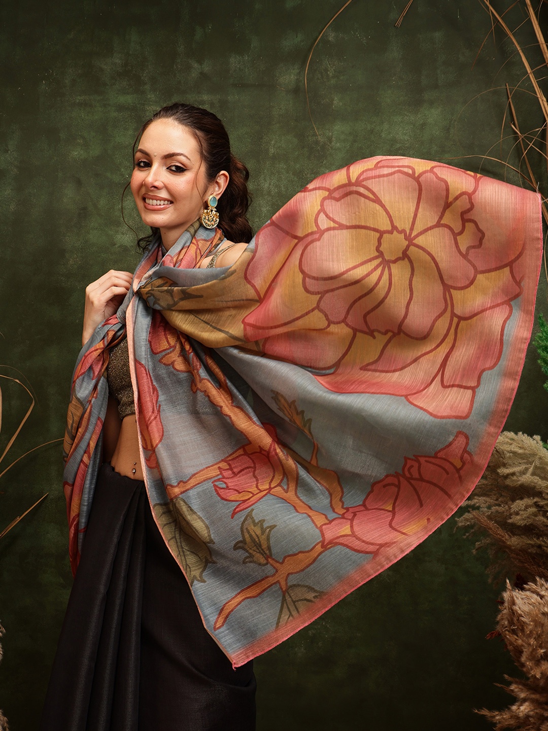 

Silk Land Floral Chanderi Cotton Digital Print Saree, Black