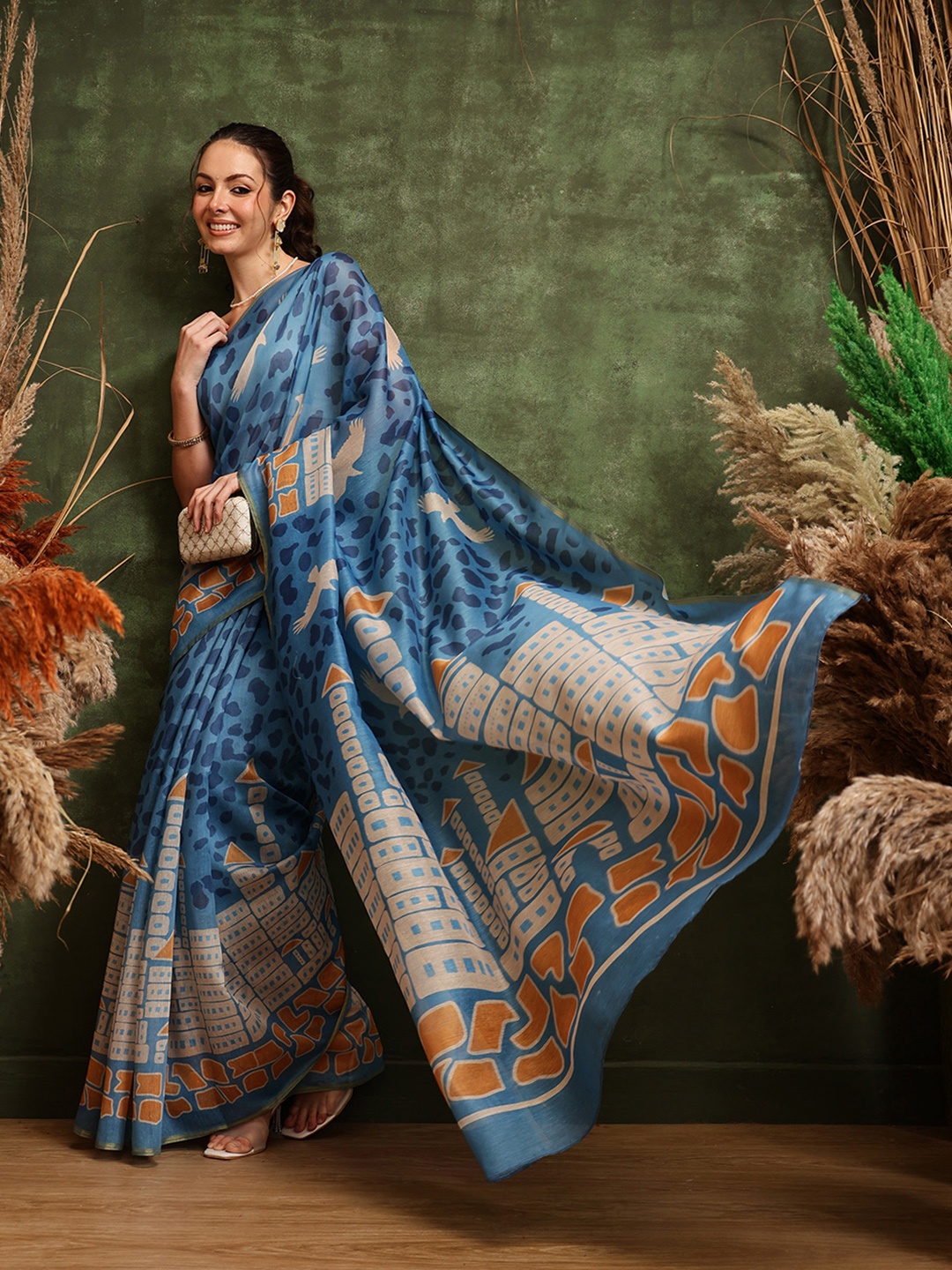 

Silk Land Zardozi Printed Chanderi Saree, Blue