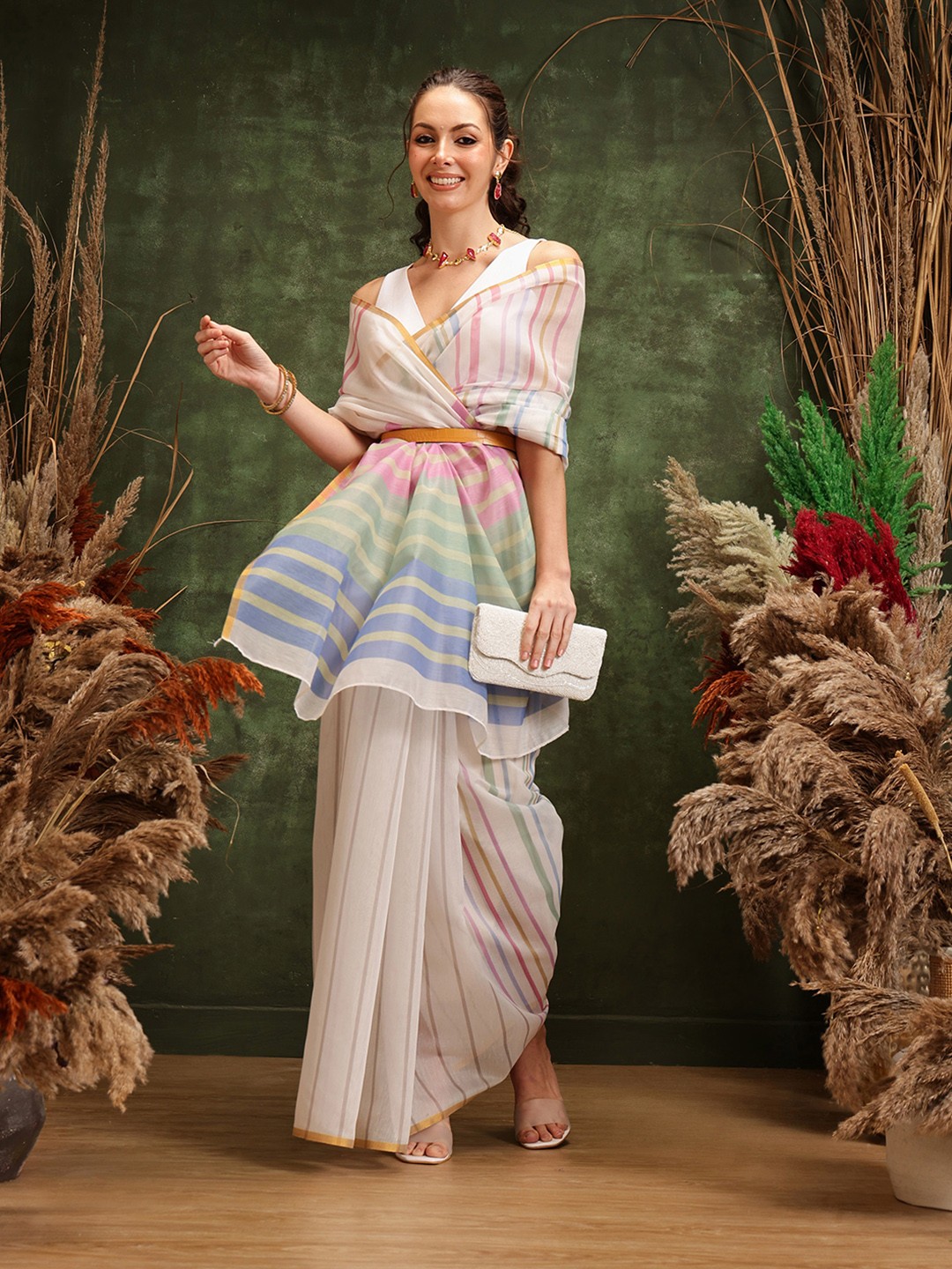 

Silk Land Striped Chanderi Cotton Digital Print Saree, White