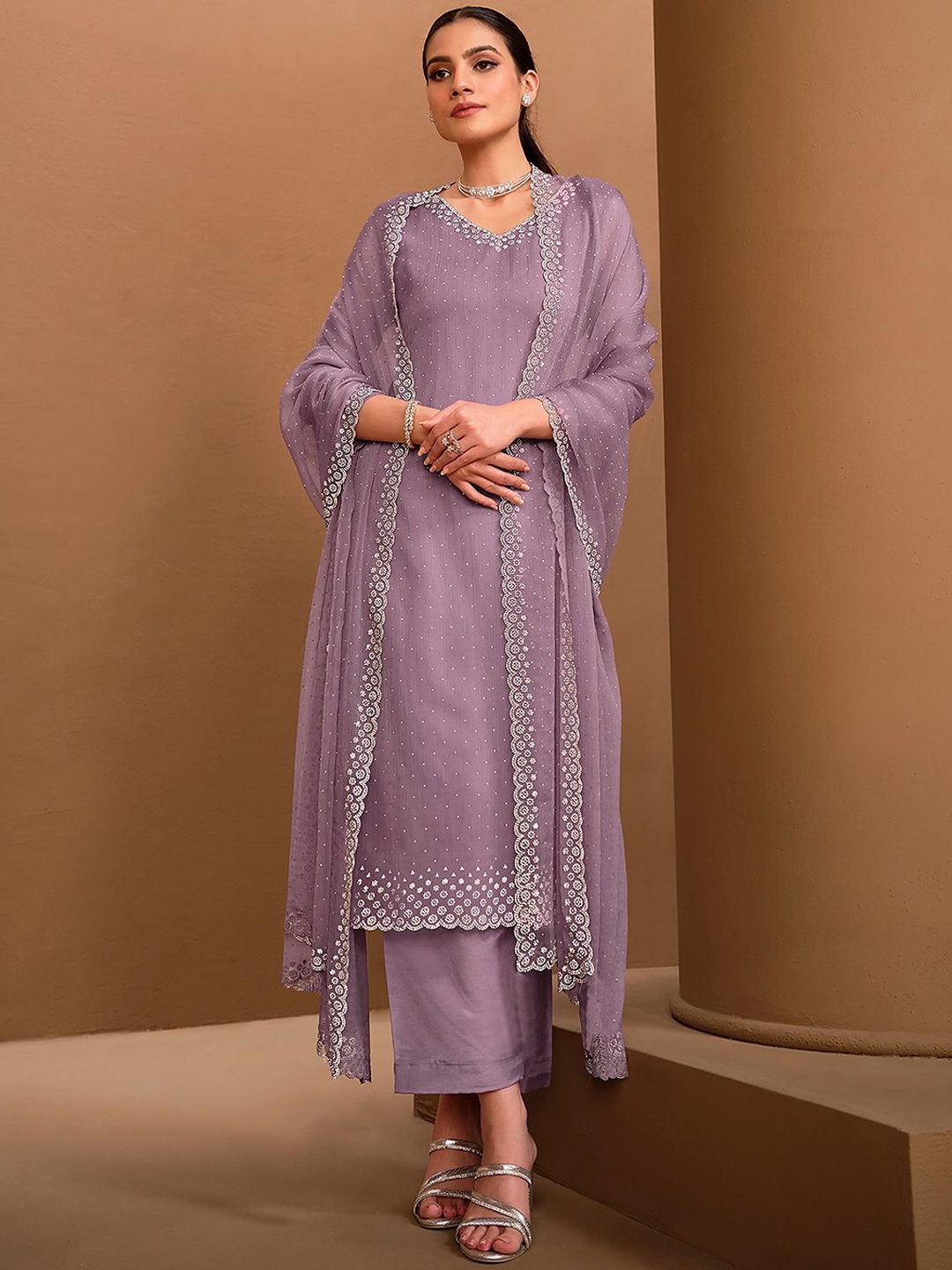 

Trendmalls Floral Embroidered Stones Work Silk Chiffon Kurta With Trousers & Dupatta, Purple