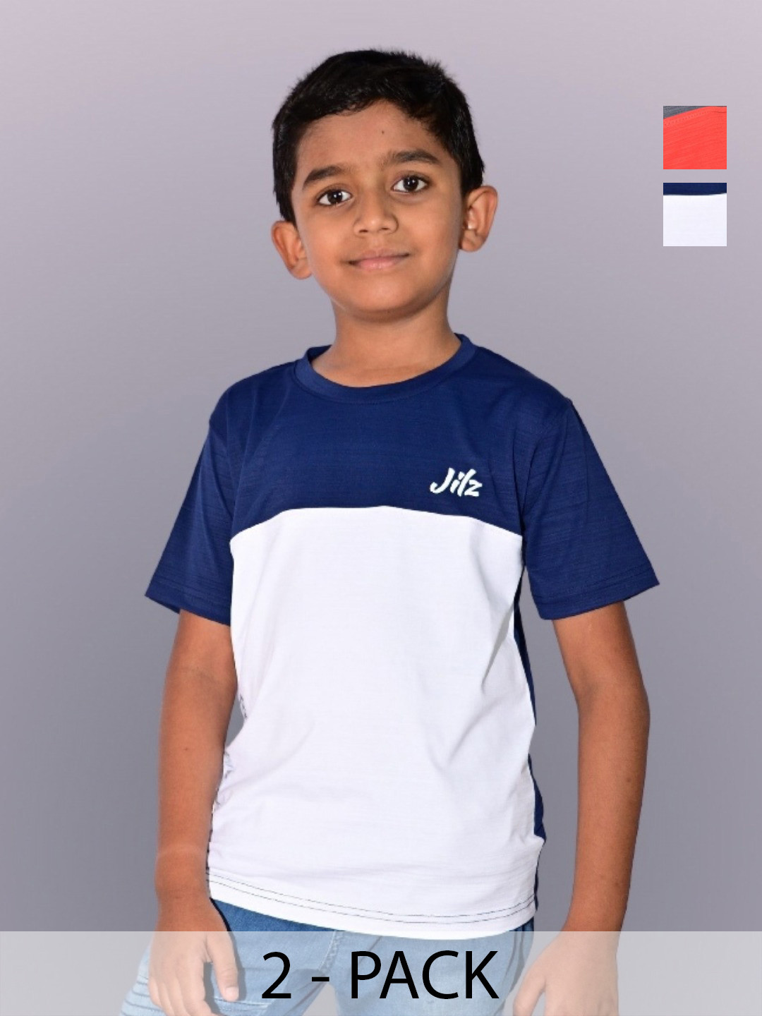 

JILZ Boys Pack Of 2 Colourblocked Round Neck T-shirts, Navy blue