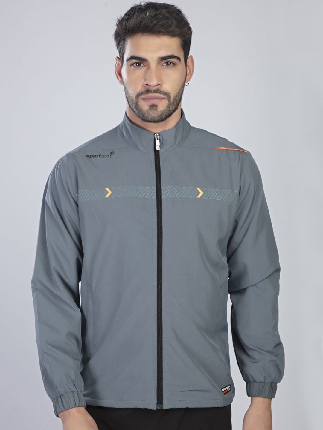 

SPORT SUN Men Mock Collar Graphic Printed Sports Lightweight Sporty Jacket, Grey