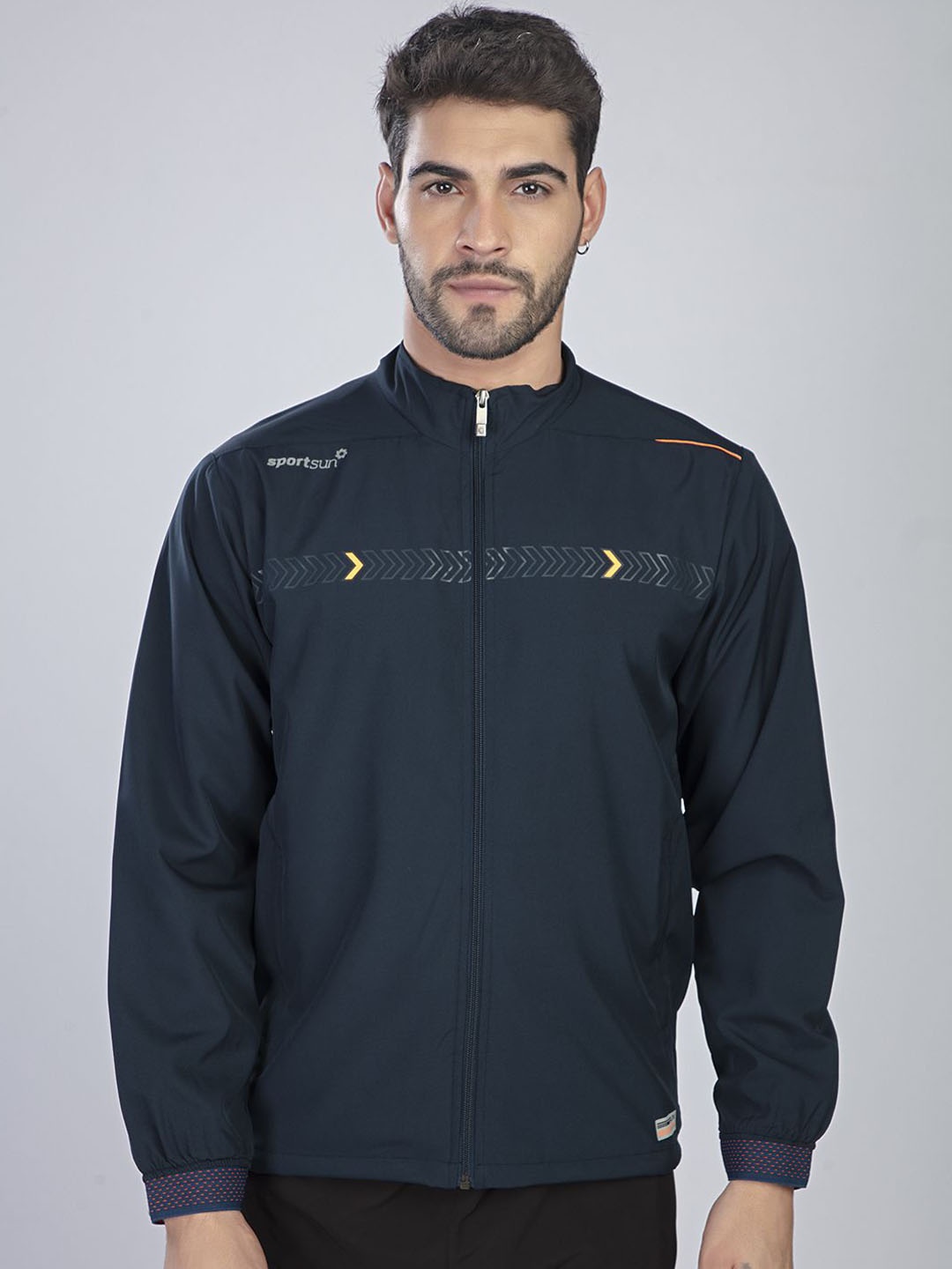 

SPORT SUN Men Mock Collar Graphic Printed Sports Lightweight Sporty Jacket, Navy blue