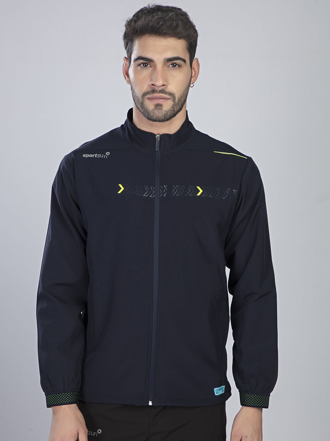 

SPORT SUN Men Mock Collar Graphic Printed Sports Lightweight Sporty Jacket, Navy blue