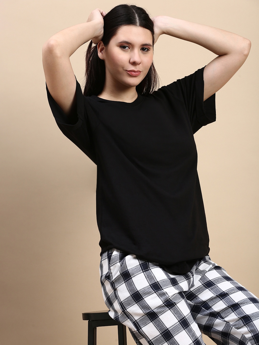 

Kryptic Women Solid Round Neck Cotton Oversized T-shirt, Black