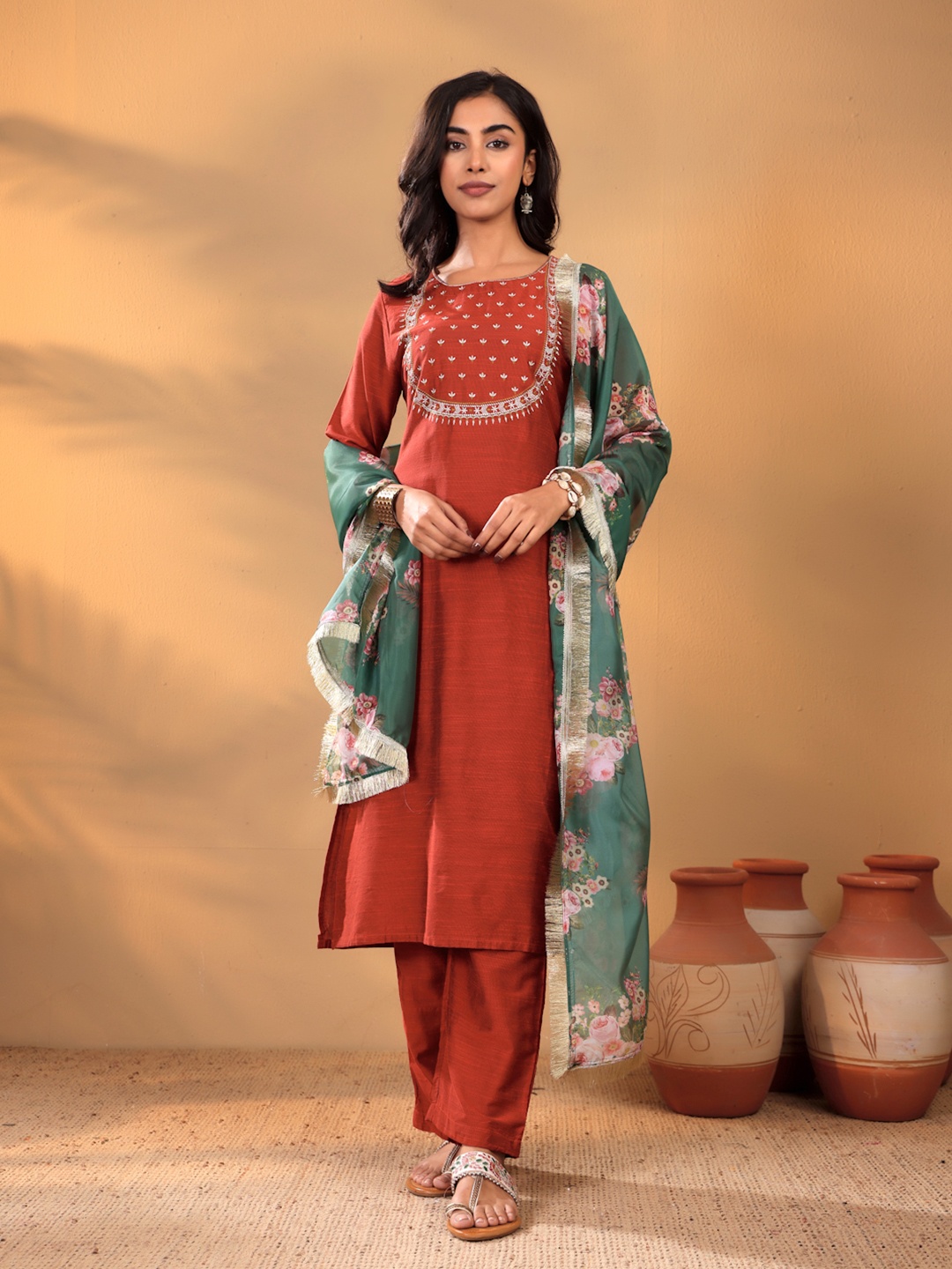 

Varanga Women Embroidered Regular Kurta with Trousers & With Dupatta, Maroon