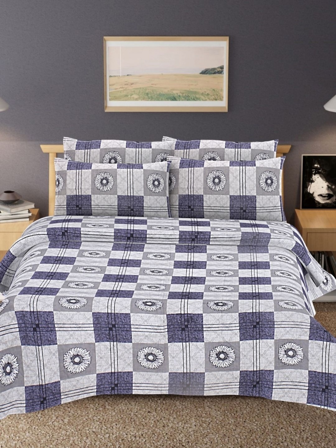 

HASHCART Blue And White Geometric 210 TC Queen Bedsheet Set