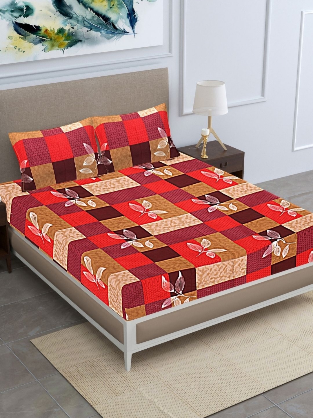 

HASHCART Red Floral Printed 210 TC Cotton Queen Bedsheet Set 2.40 m x 2.25 m