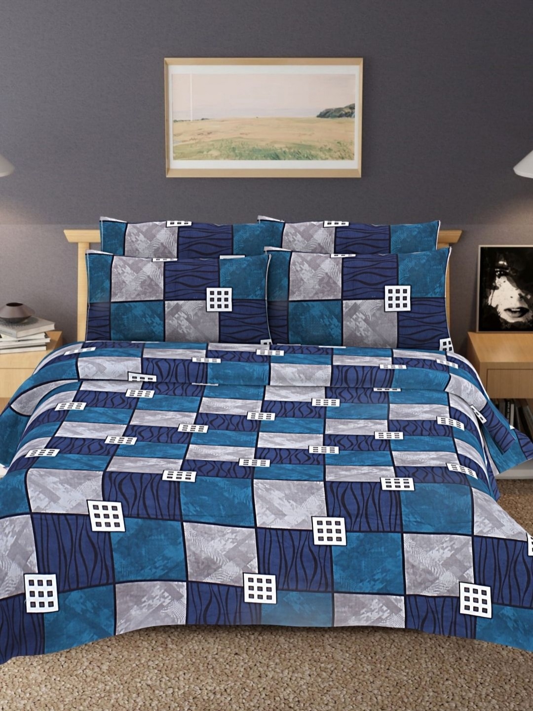 

HASHCART Blue Geometric Printed Cotton 210 TC Queen Bedsheet Set-2.40 m x 2.25 m