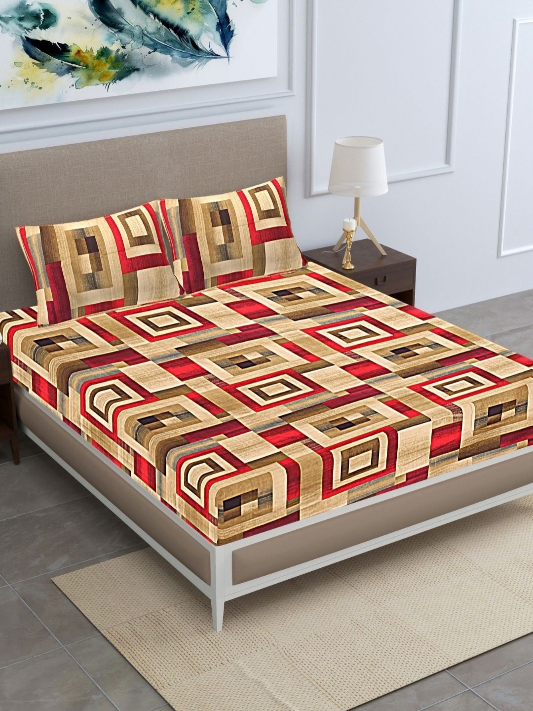 

HASHCART Beige & Red Geometric Printed Cotton 210 TC Queen Bedsheet Set 2.40 m x 2.25 m