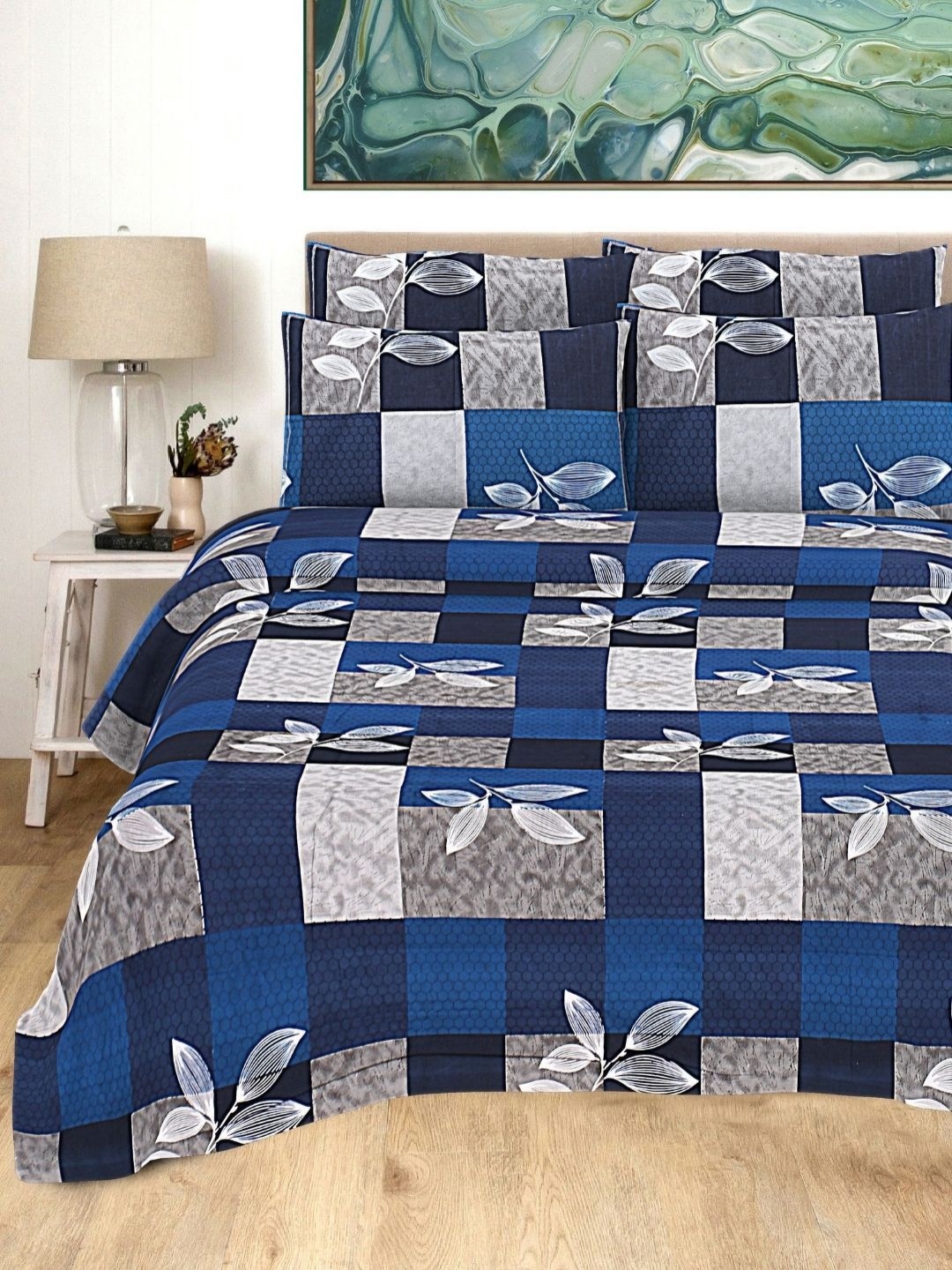 

HASHCART Blue Geometric Printed Cotton 210 TC Queen Bedsheet Set-2.40 m x 2.25 m