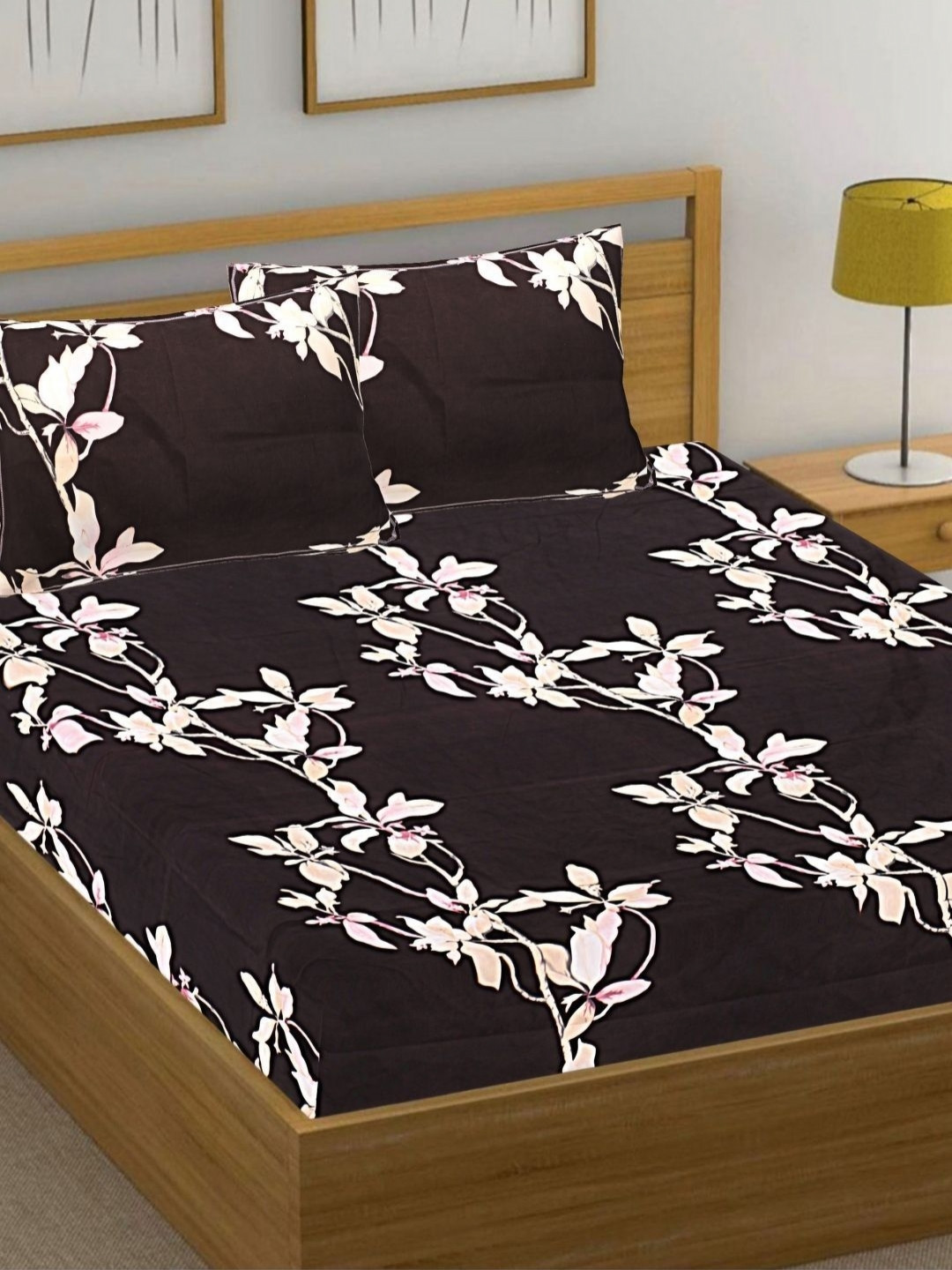

HASHCART Brown and Cream Cotton Floral 210 TC Queen Bedsheet Set 2.40 m x 2.25 m