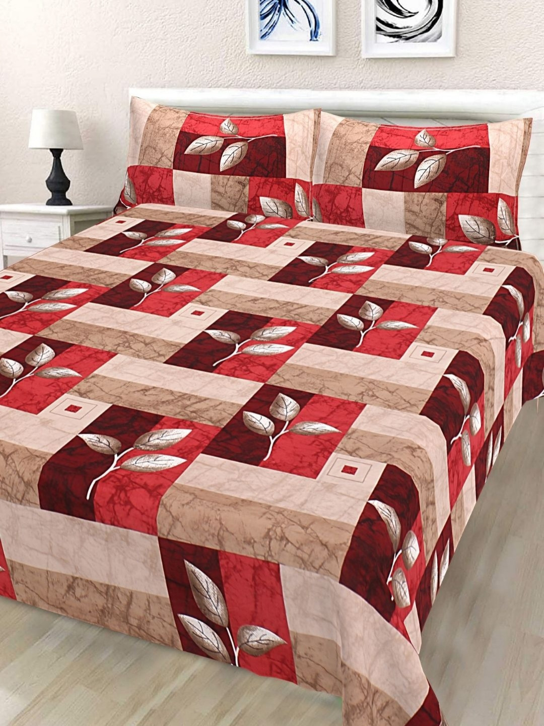 

HASHCART Red And Brown Floral Printed Cotton 210 TC Queen Bedsheet Set 2.40 m X 2.25 m