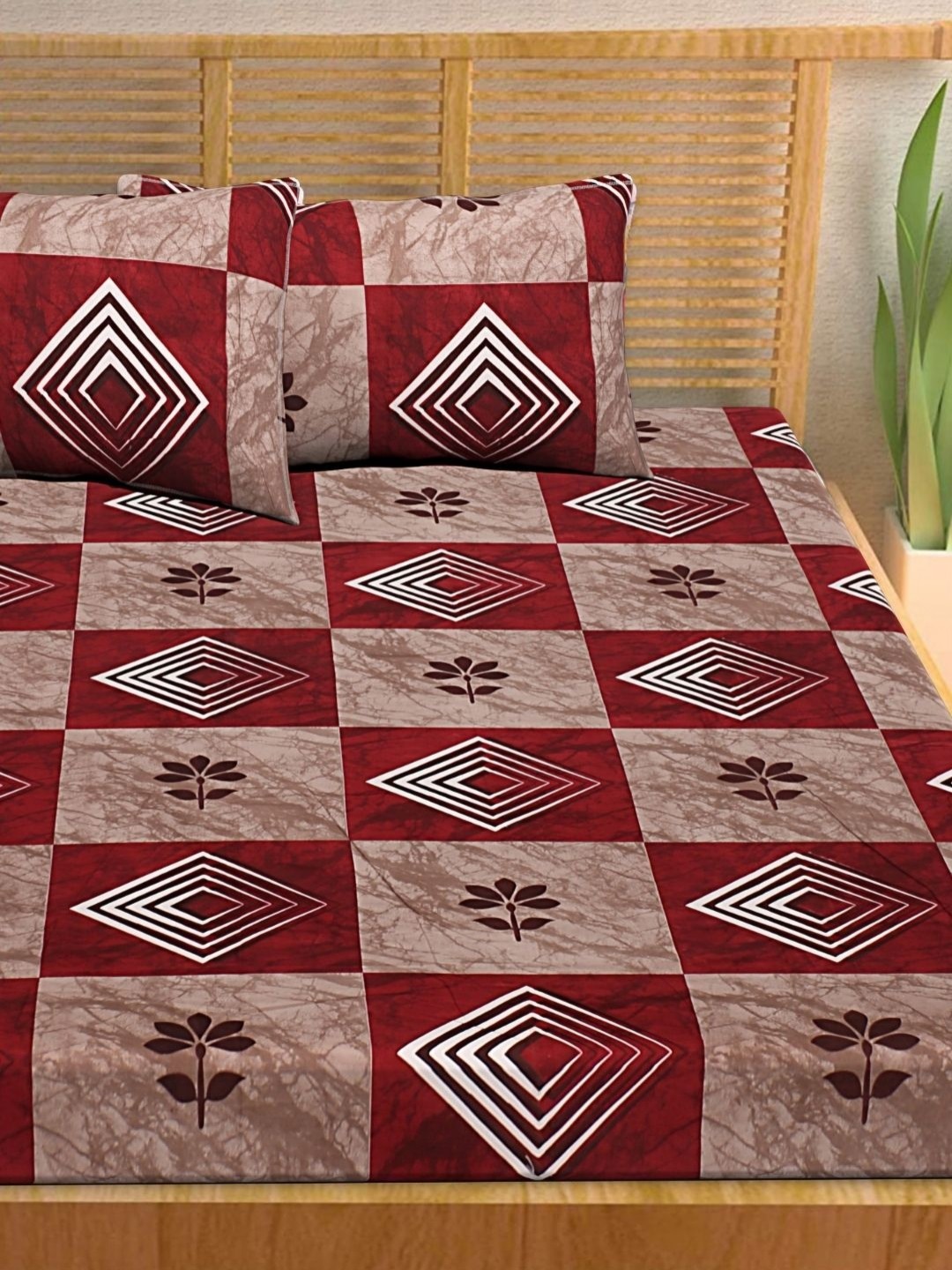 

HASHCART Maroon & White Geometric Cotton 210 TC Queen Bedsheet Set- 2.40 m x 2.25 m
