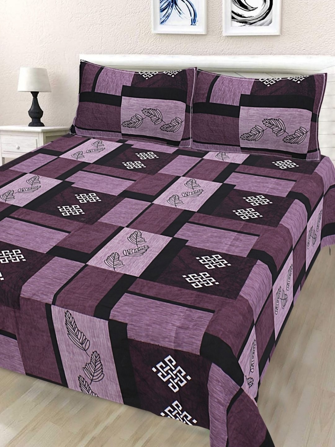 

HASHCART Purple & White Geometric Cotton 210 TC Queen Bedsheet Set 2.40 m x 2.25 m
