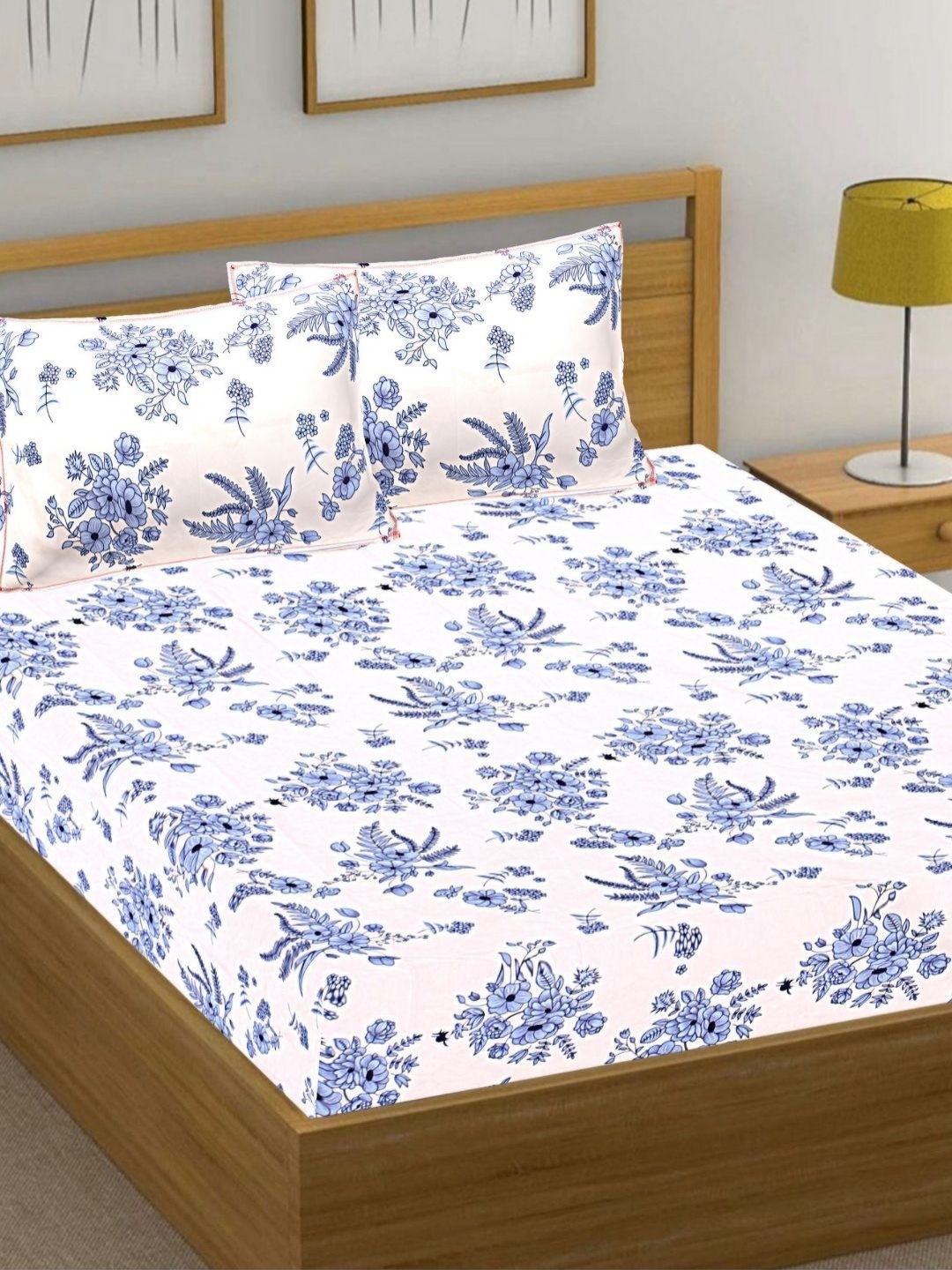 

HASHCART White And Blue Floral Cotton 210 TC Queen Bedsheet Set 2.40 m x 2.25 m