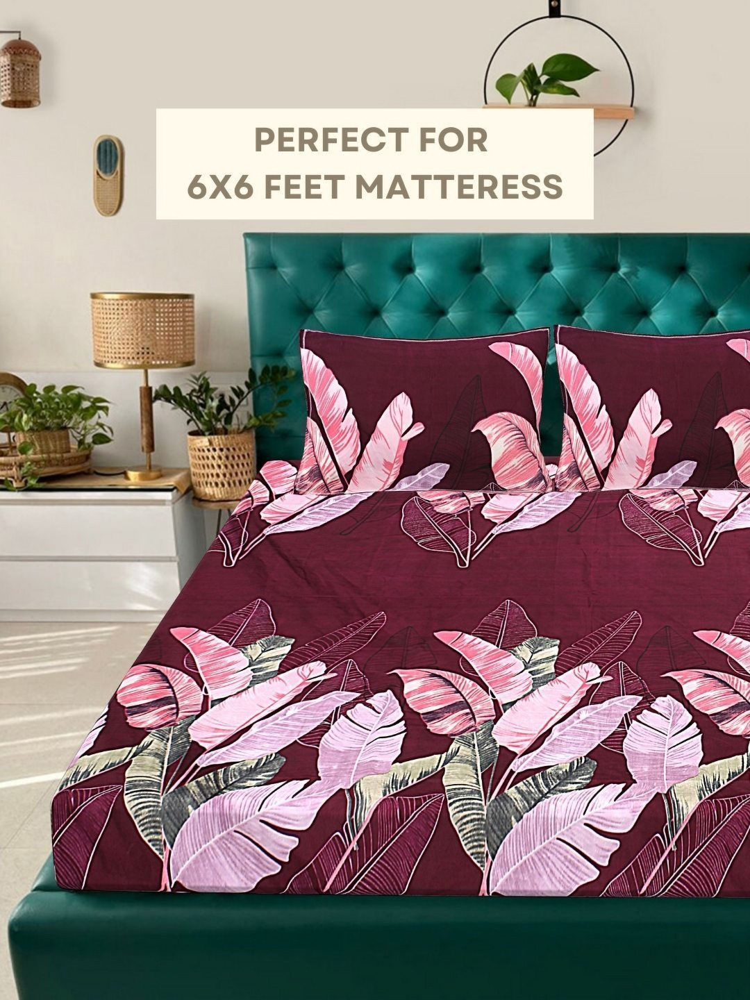 

HASHCART Maroon & Pink Cotton Printed 210 TC Queen Bedsheet Set 2.40 m x 2.25 m