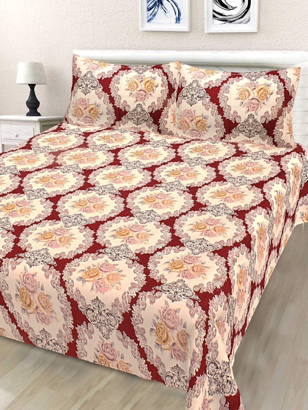 

HASHCART Beige & Red Floral Printed Cotton 210 TC Queen Bedsheet Set 2.40 m x 2.25 m