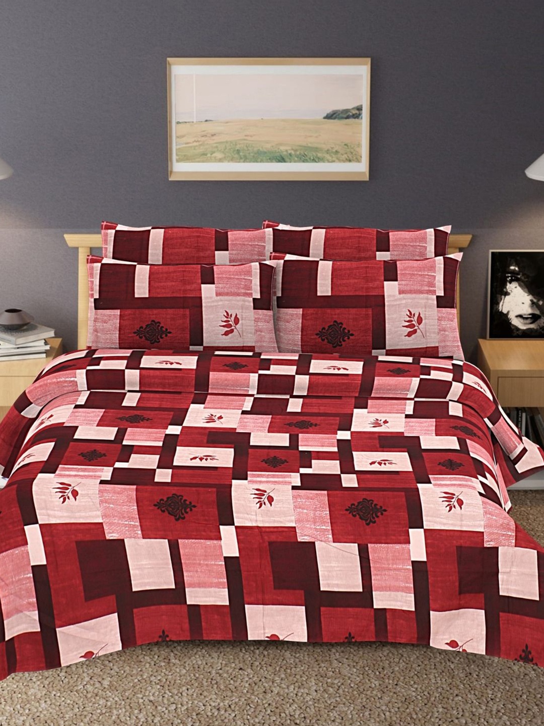 

HASHCART Pink And Maroon Geometric Cotton 210 TC Queen Bedsheet Set 2.40 m x 2.25 m