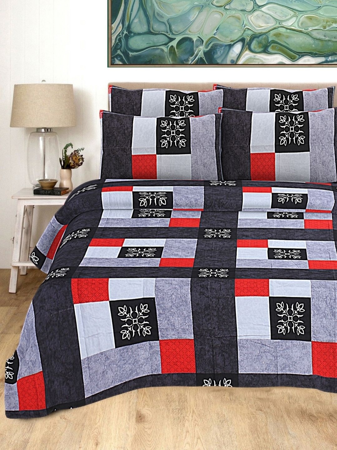 

HASHCART Red & Grey Geometric Printed Cotton 210 TC Queen Bedsheet Set-2.40 m x 2.25 m