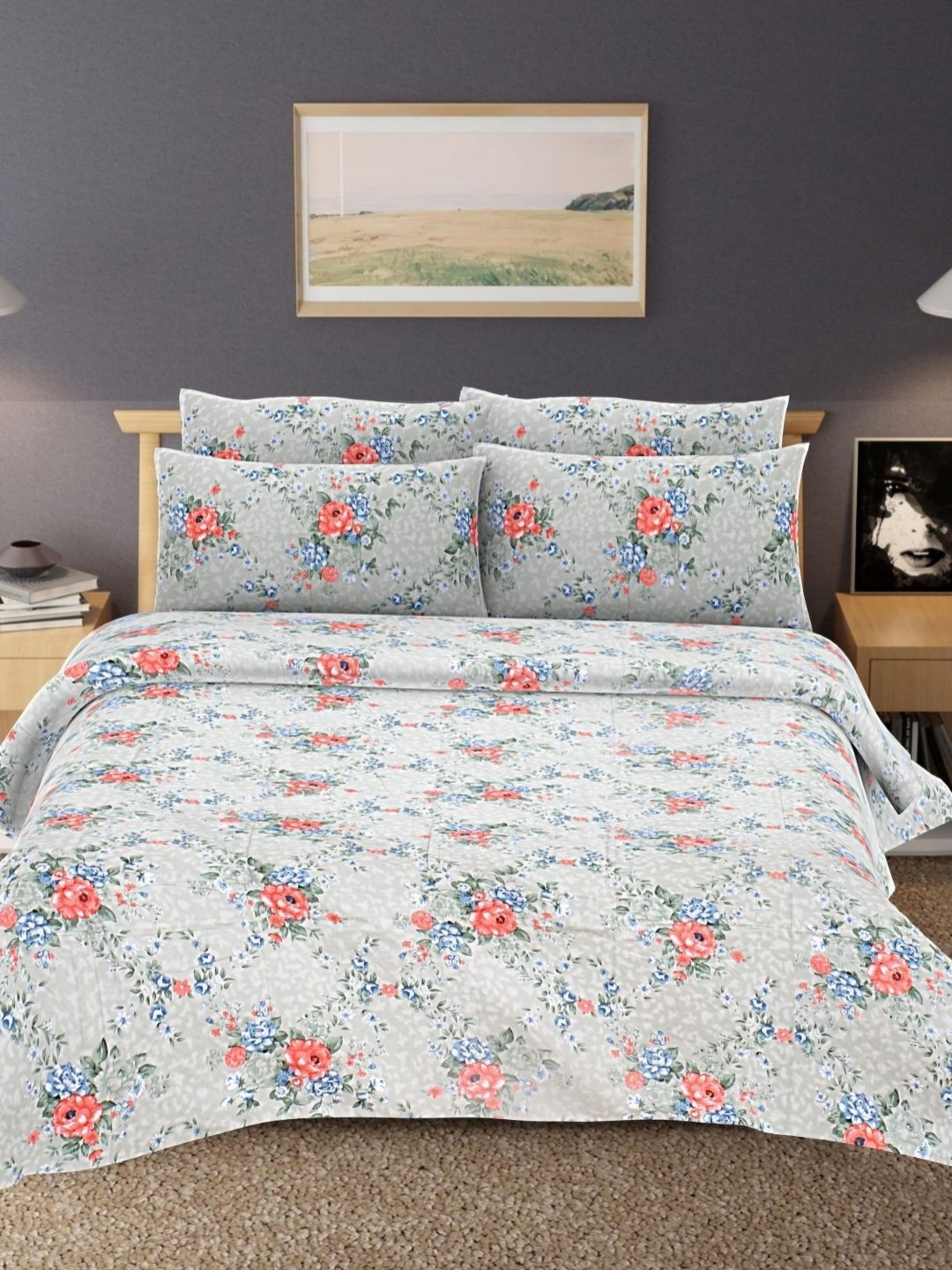 

HASHCART White And Blue Floral Printed Cotton 210 TC Queen Bedsheet Set 2.40 m X 2.25 m